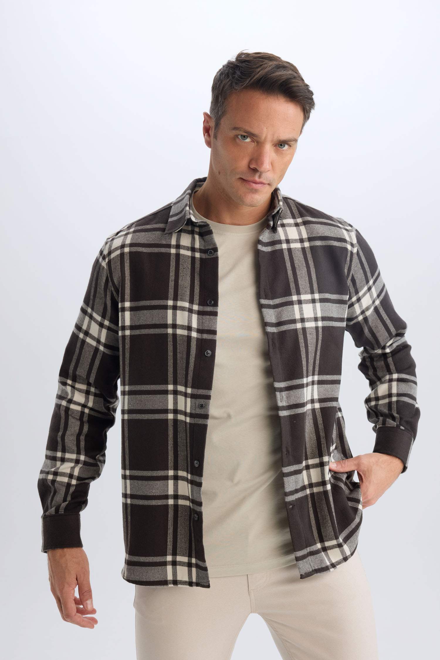 Regular Fit Polo Yaka Kareli Pamuklu Uzun Kollu Gömlek