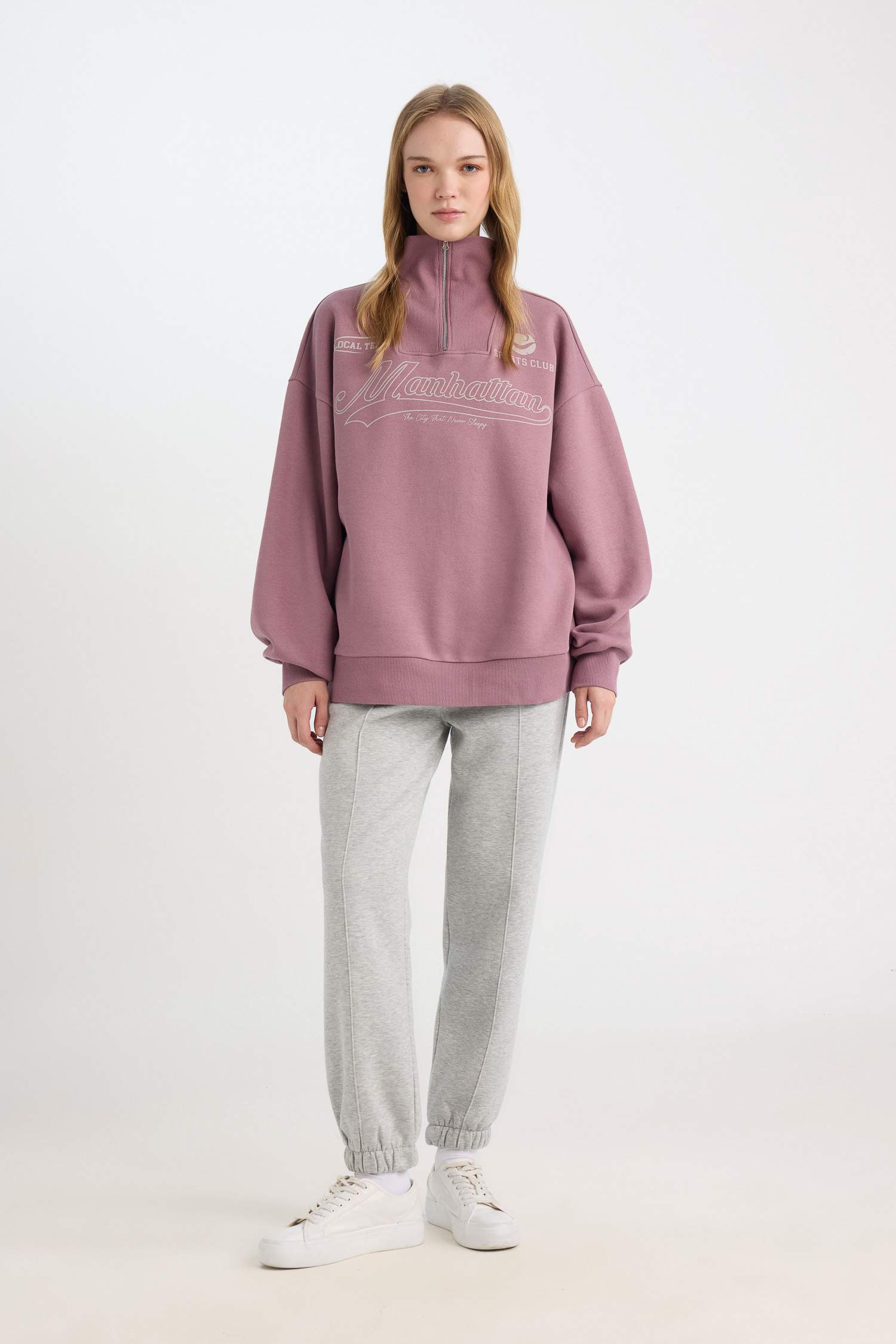 Coool Oversize Geniş Kalıp Fermuarlı Dik Yaka Sırt Baskılı Kalın Sweatshirt