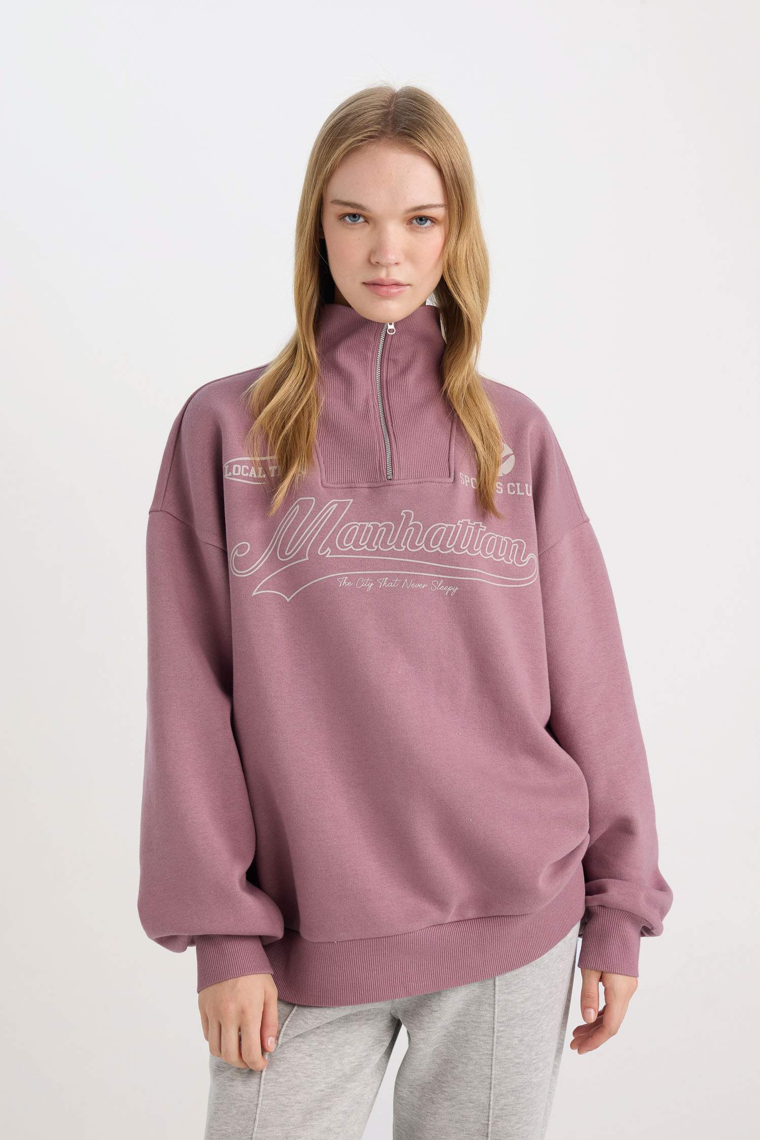 Coool Oversize Geniş Kalıp Fermuarlı Dik Yaka Sırt Baskılı Kalın Sweatshirt