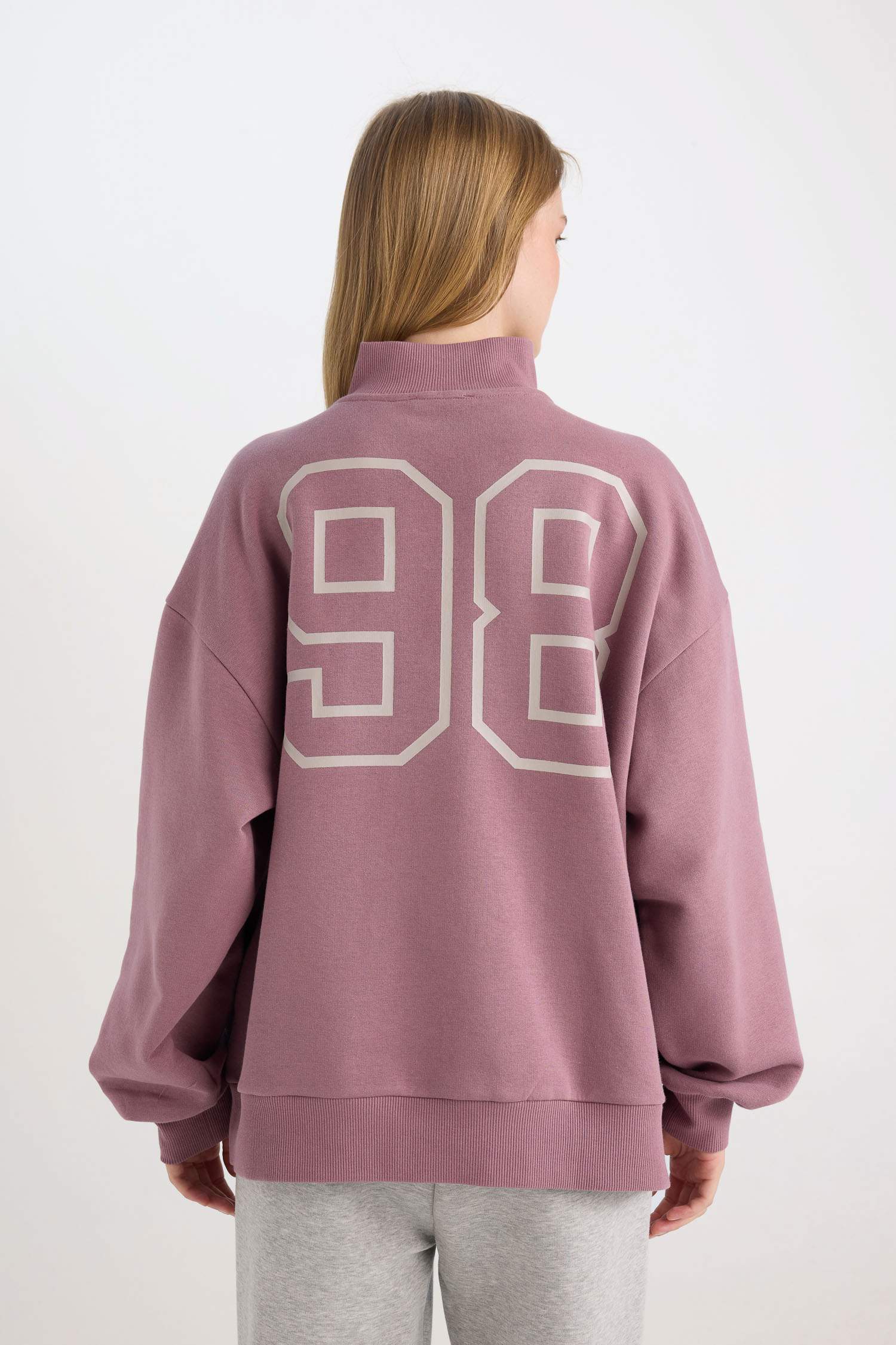 Coool Oversize Geniş Kalıp Fermuarlı Dik Yaka Sırt Baskılı Kalın Sweatshirt