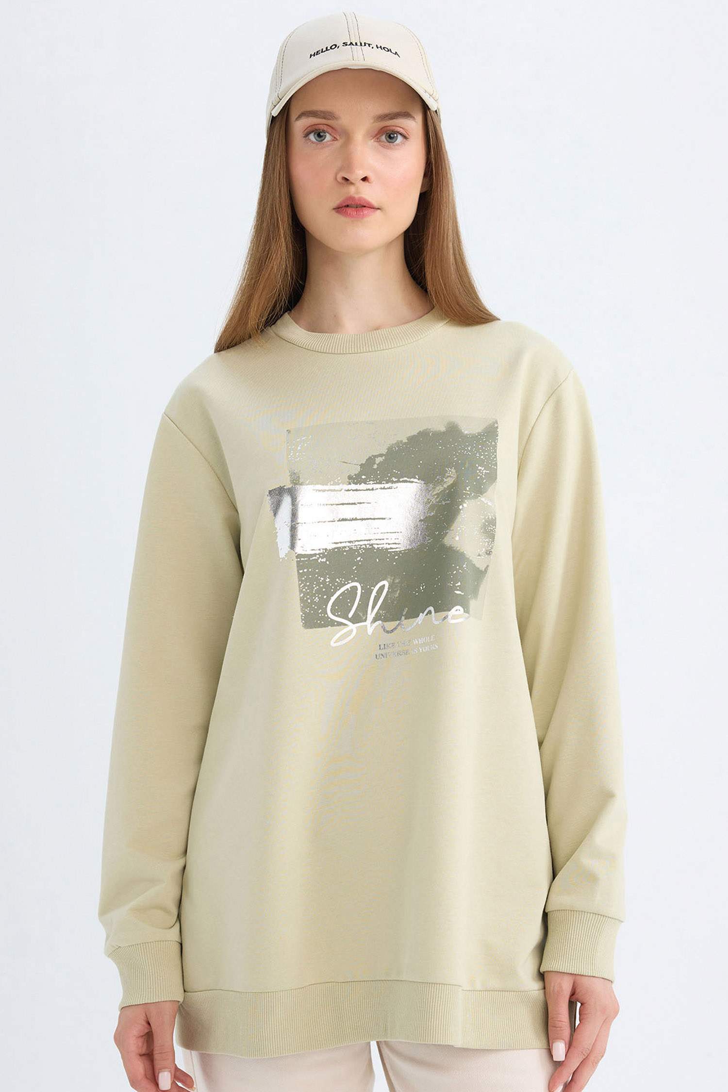 Regular Fit Bisiklet Yaka Parlak Baskılı  Sweatshirt Tunik