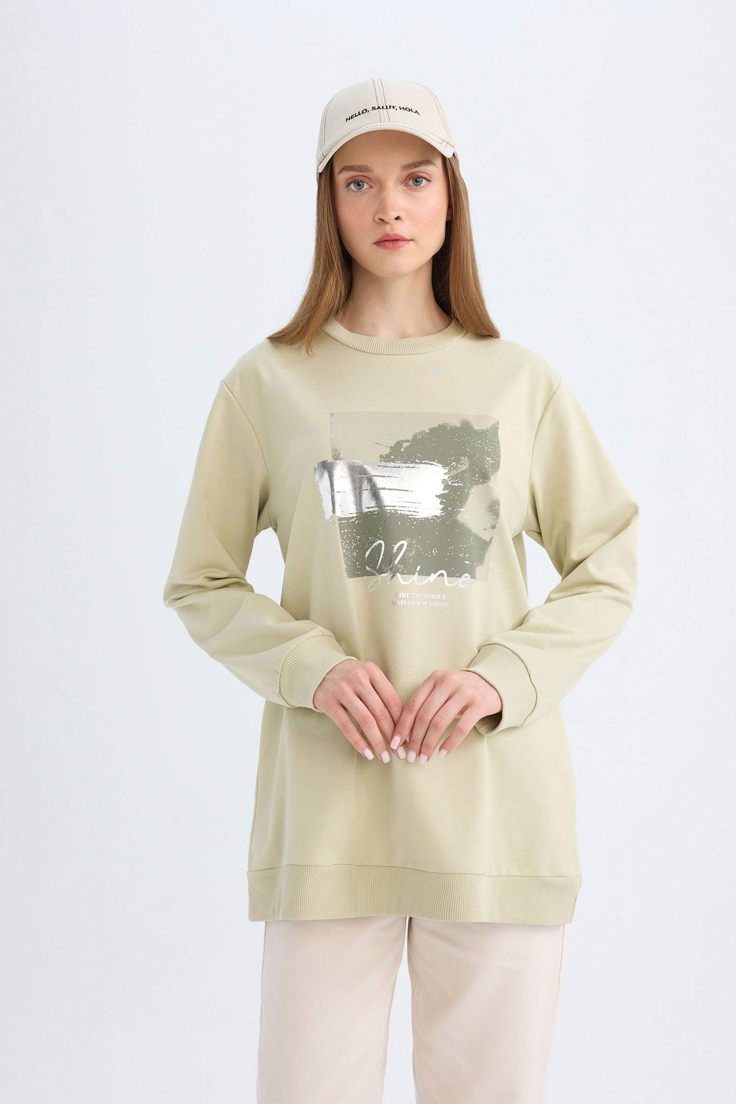 Regular Fit Bisiklet Yaka Parlak Baskılı  Sweatshirt Tunik