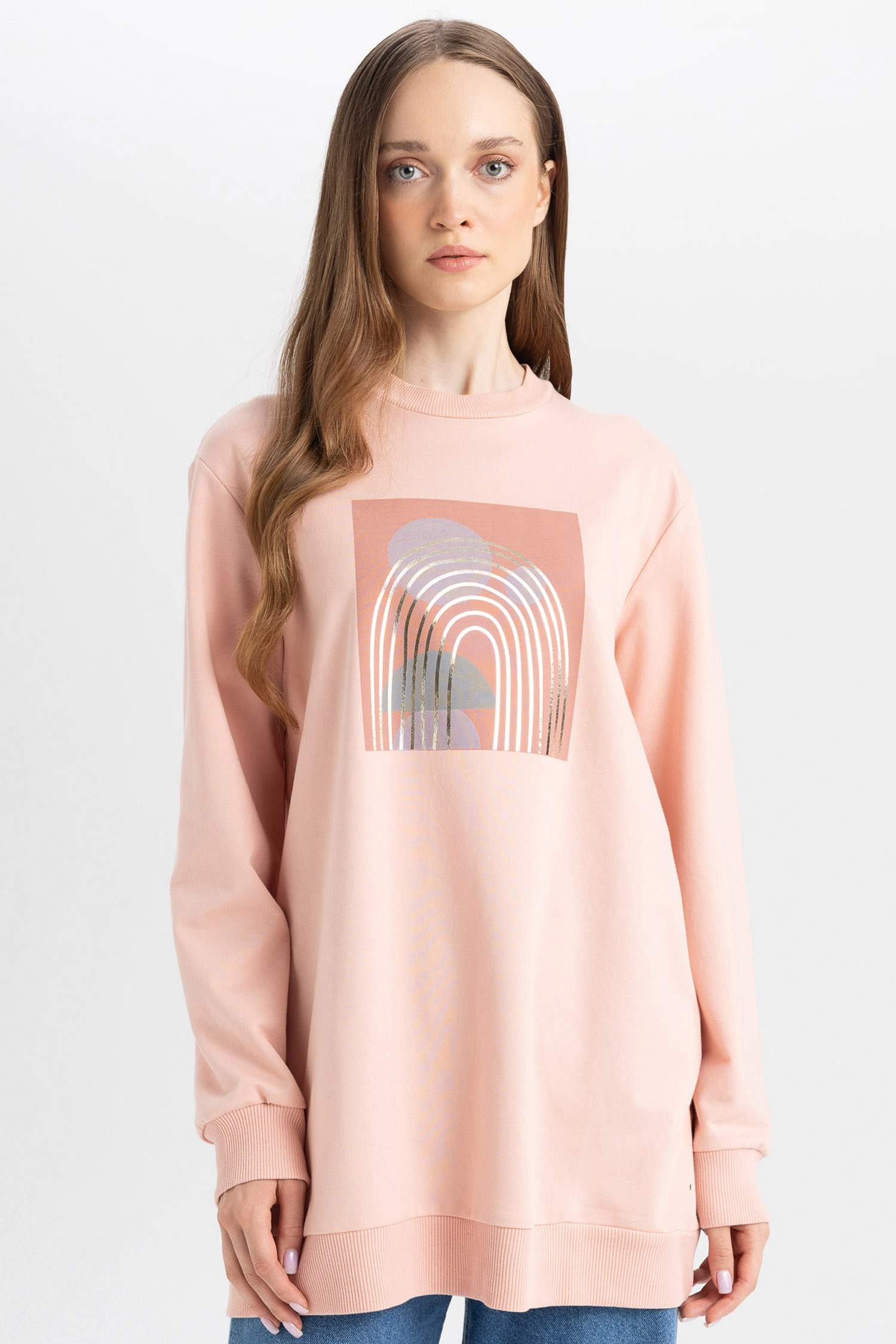 Regular Fit Bisiklet Yaka Parlak Baskılı Sweatshirt Tunik