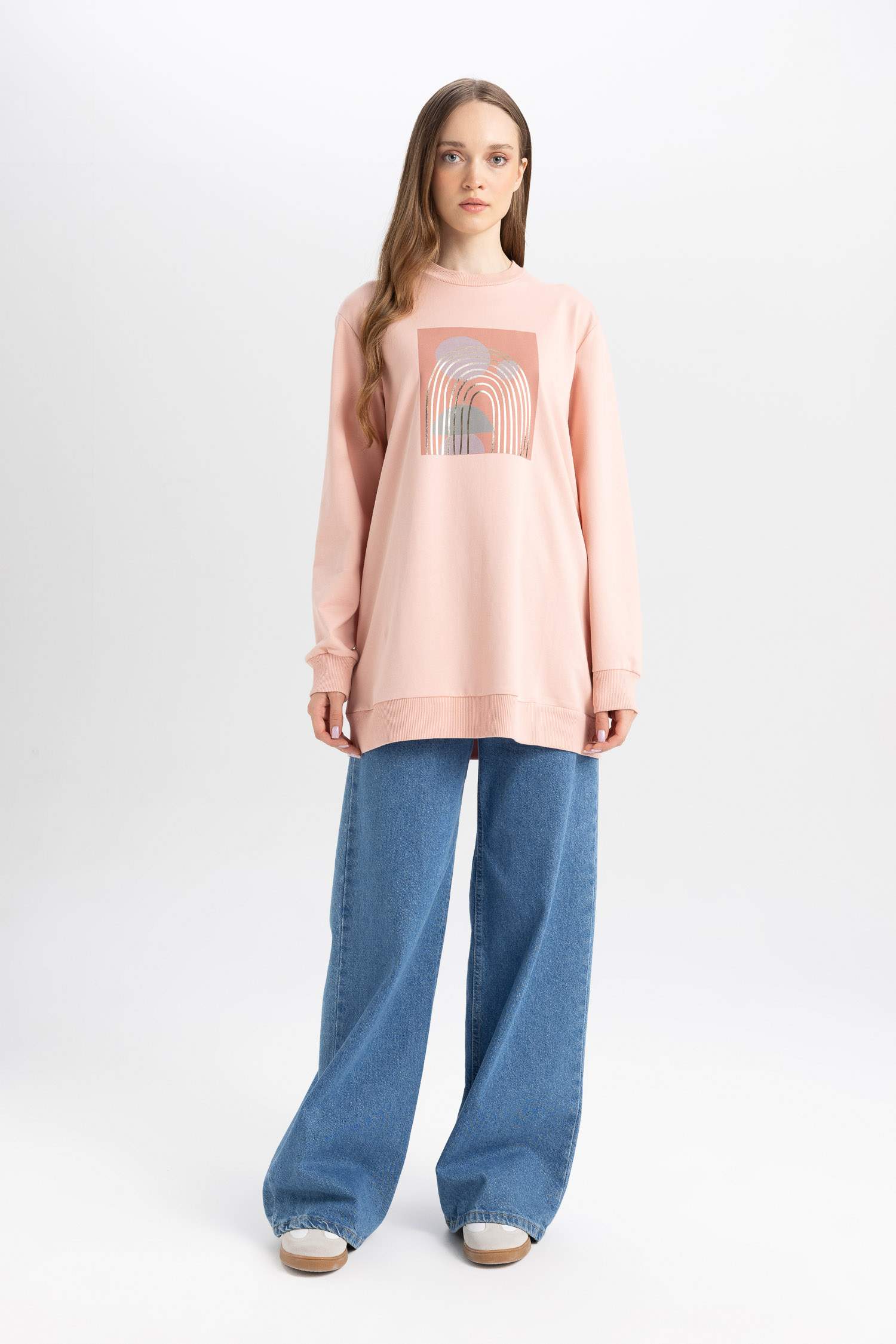 Regular Fit Bisiklet Yaka Parlak Baskılı Sweatshirt Tunik