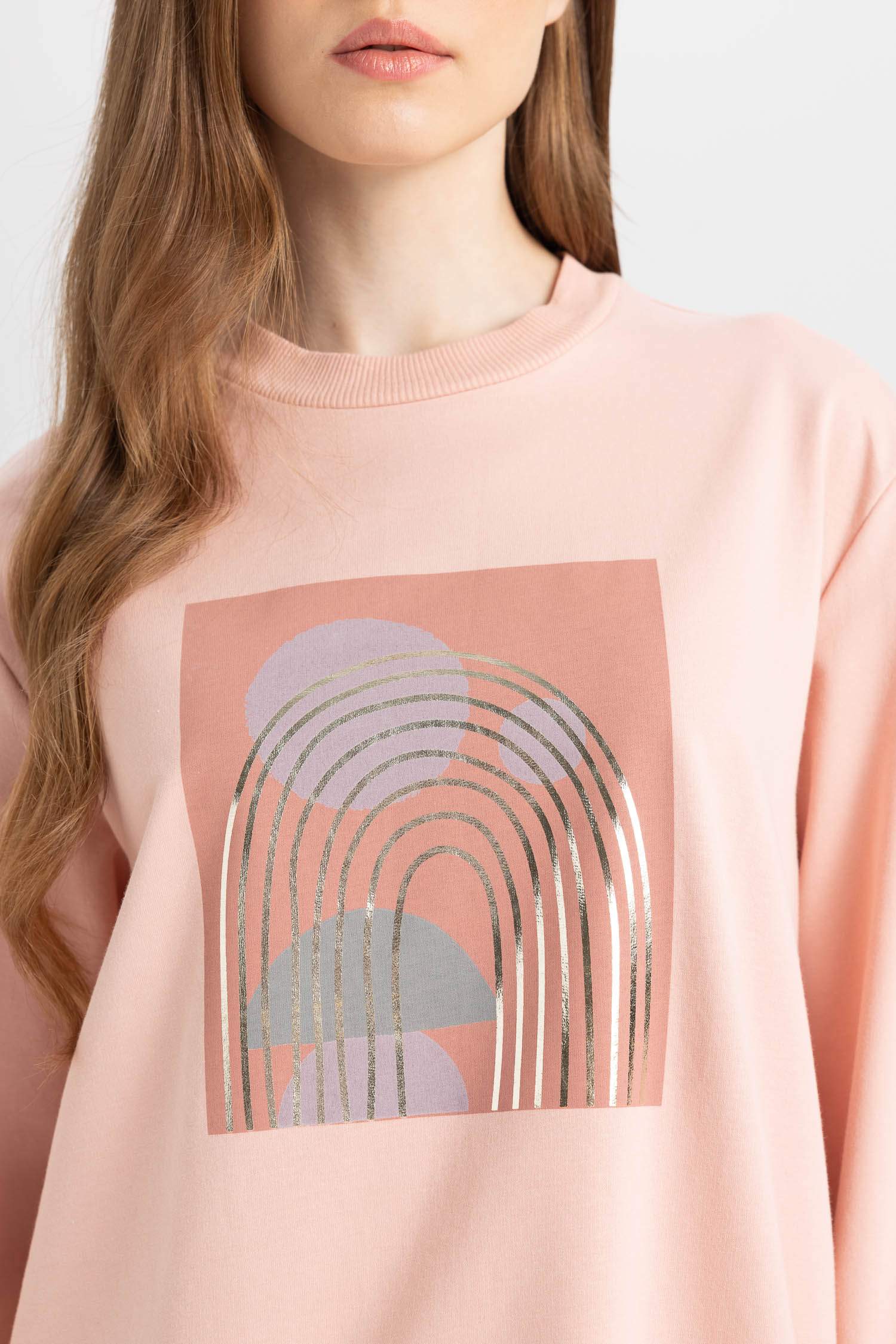 Regular Fit Bisiklet Yaka Parlak Baskılı Sweatshirt Tunik