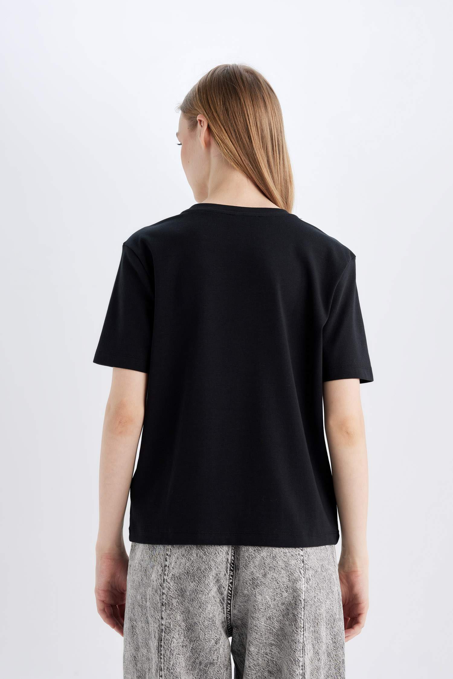 Regular Fit Bisiklet Yaka Basic Düz Kalın Kısa Kollu Siyah Tişört