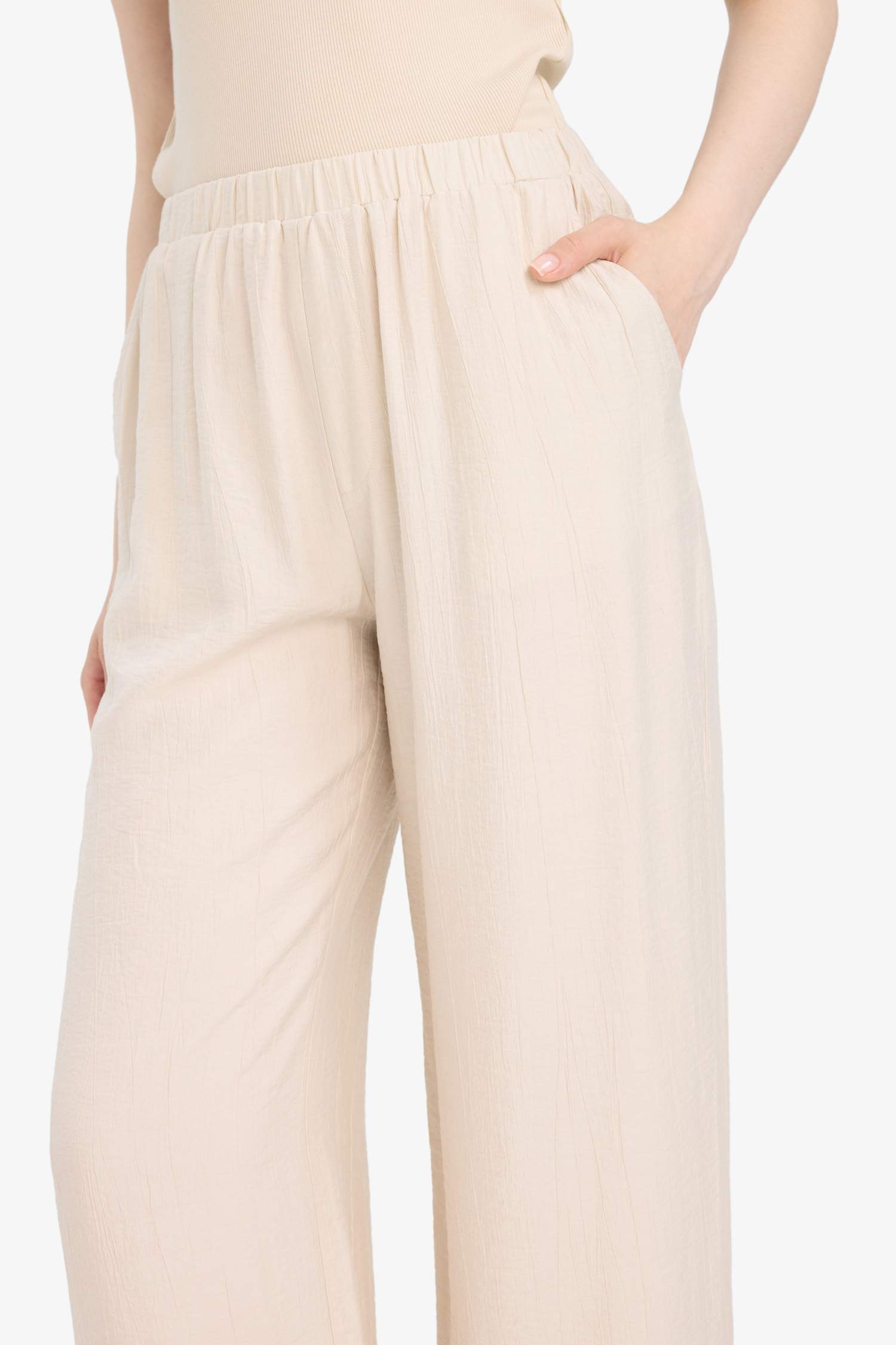 Wide Leg Beli Lastikli Krinkıl Kumaş Geniş Paça Pantolon