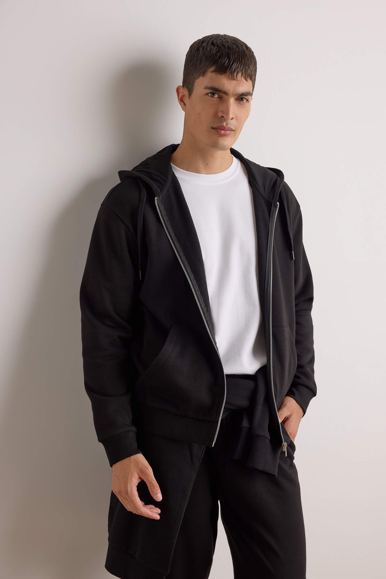 Comfort Fit Kapüşonlu İçi Yumuşak Tüylü Basic Düz Cepli Kalın Fermuarlı Sweatshirt