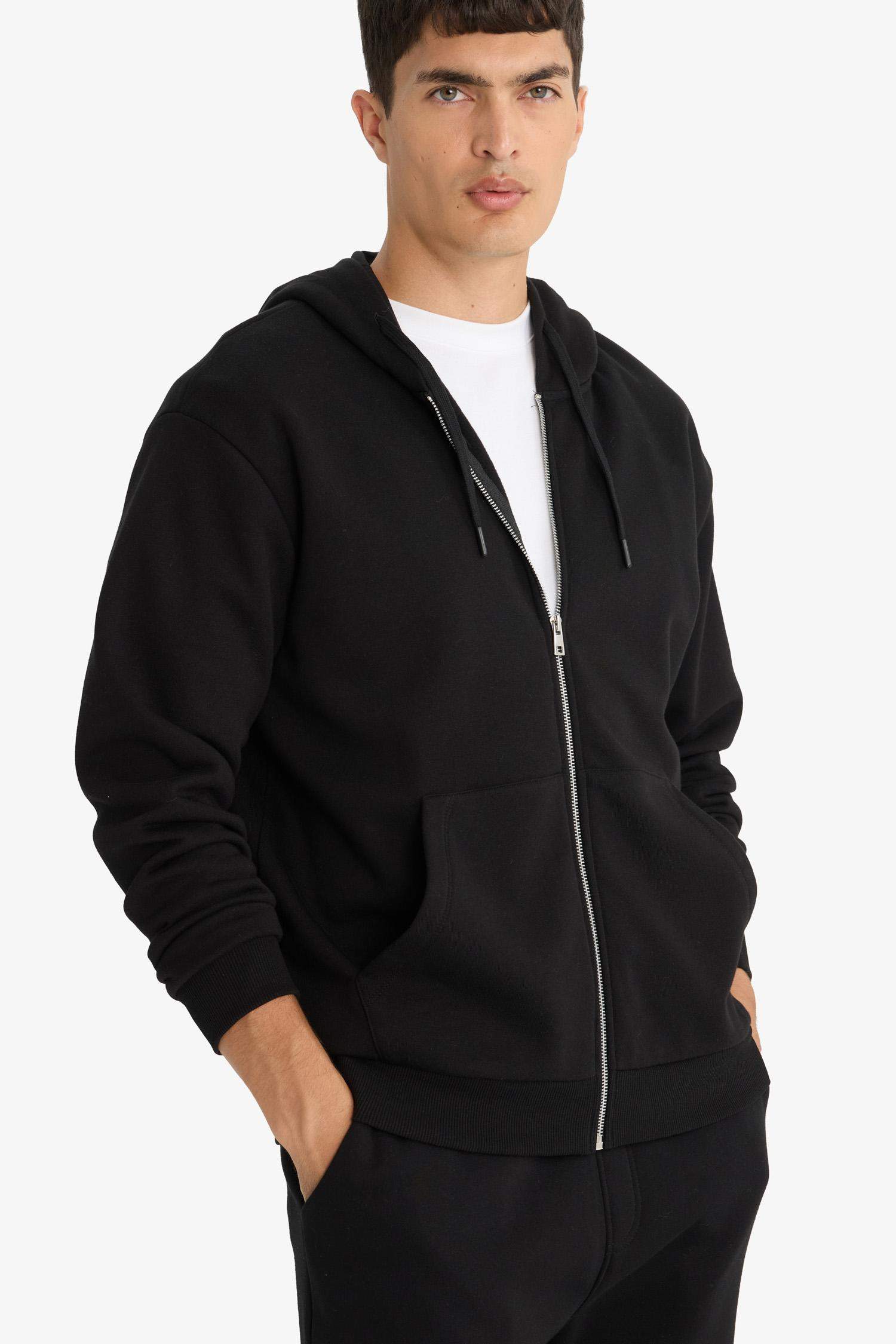 Comfort Fit Kapüşonlu İçi Yumuşak Tüylü Basic Düz Cepli Kalın Fermuarlı Sweatshirt