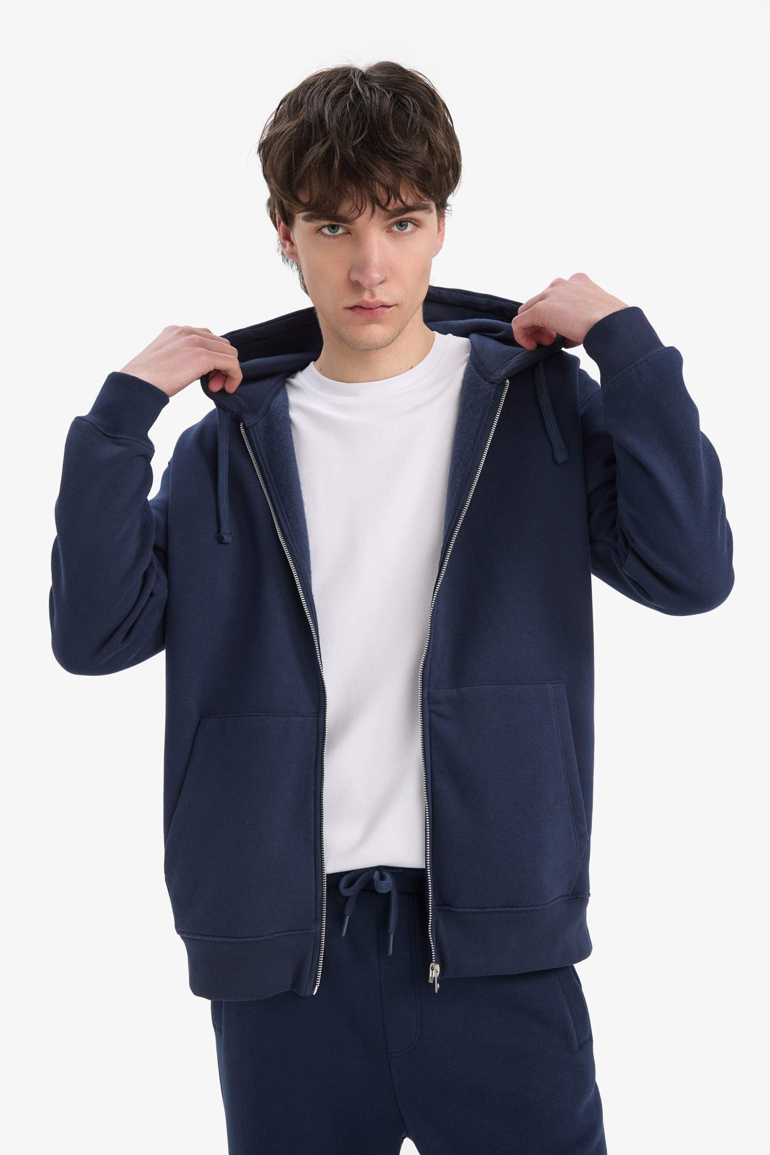 Comfort Fit Kapüşonlu İçi Yumuşak Tüylü Basic Düz Kalın Fermuarlı Sweatshirt