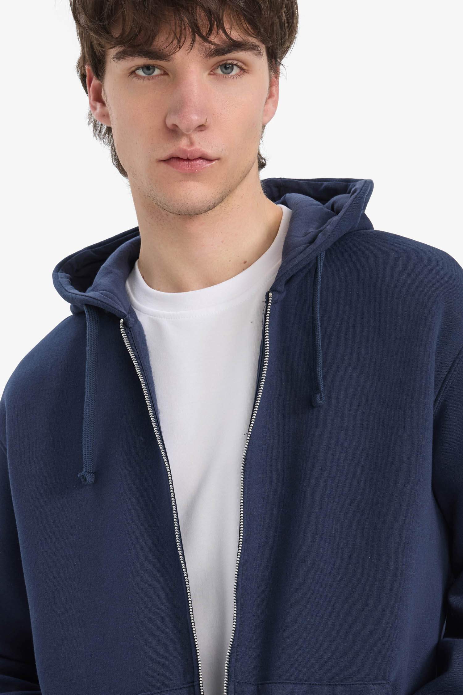 Comfort Fit Kapüşonlu İçi Yumuşak Tüylü Basic Düz Kalın Fermuarlı Sweatshirt