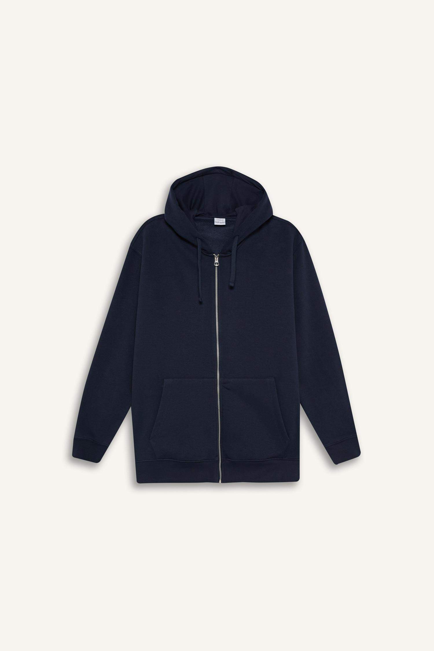 Comfort Fit Kapüşonlu İçi Yumuşak Tüylü Basic Düz Kalın Fermuarlı Sweatshirt