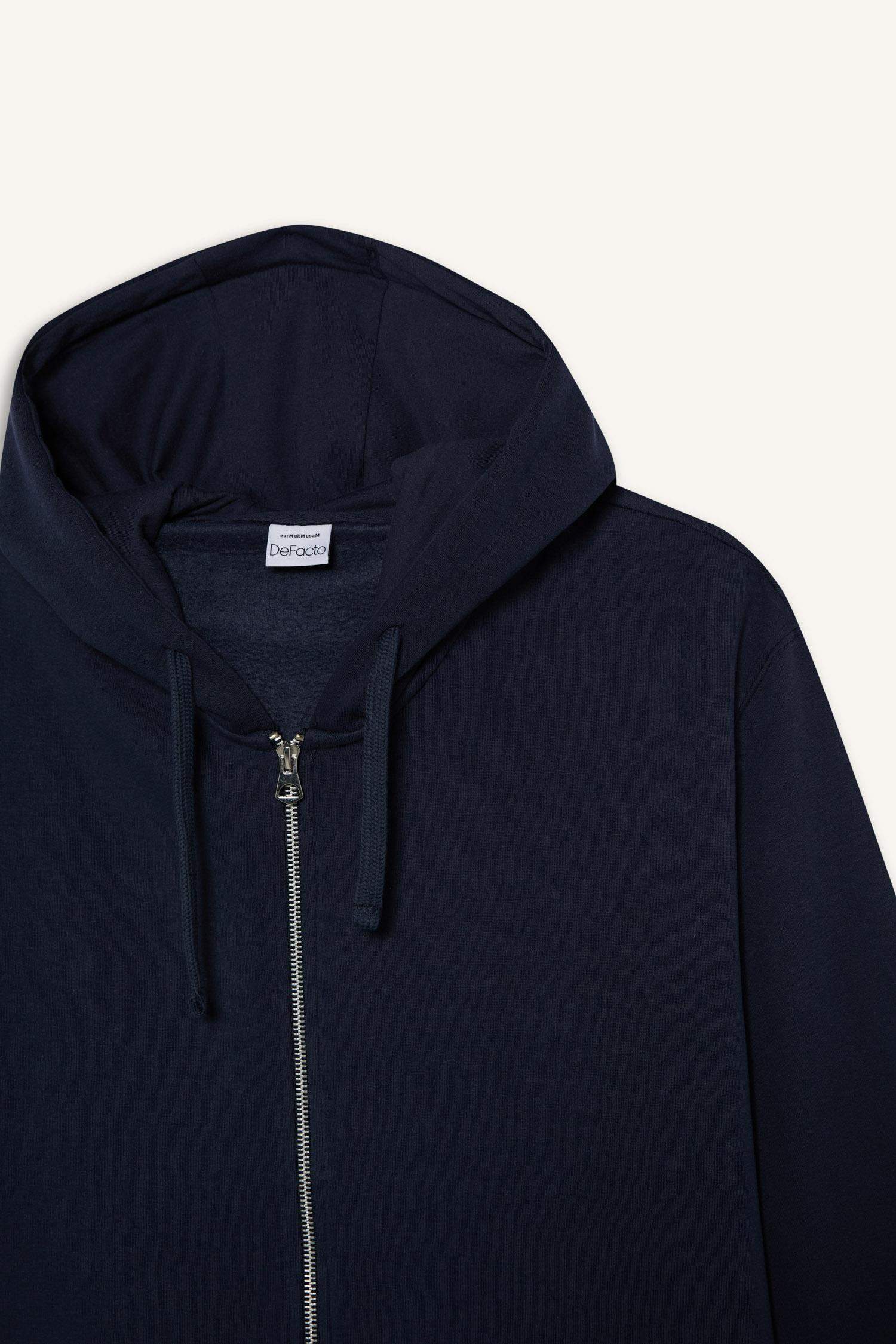 Comfort Fit Kapüşonlu İçi Yumuşak Tüylü Basic Düz Kalın Fermuarlı Sweatshirt