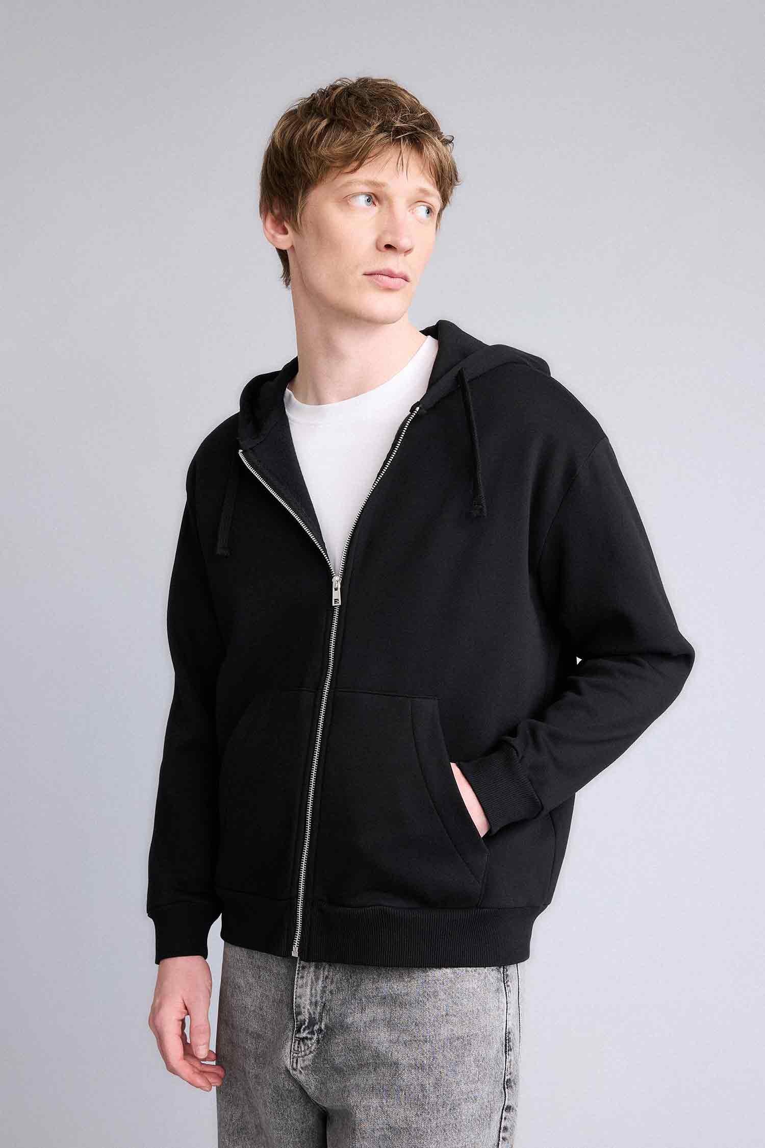 DeFacto Pamuklu Relax Fıt Kapüşonlu İçi Yumuşak Tüylü Kalın Kumaş Fermuarlı Sweatshirt