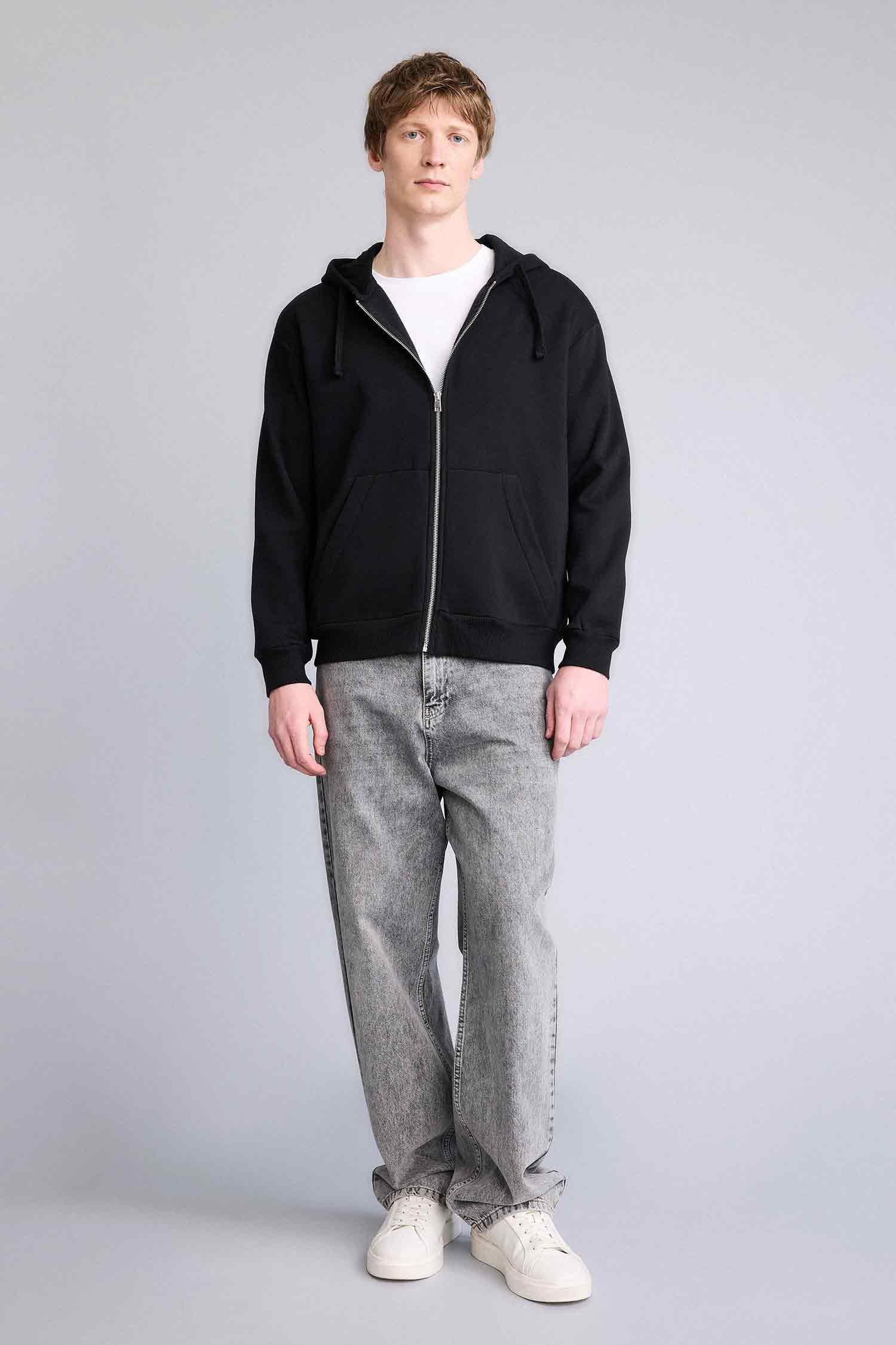 DeFacto Pamuklu Relax Fıt Kapüşonlu İçi Yumuşak Tüylü Kalın Kumaş Fermuarlı Sweatshirt görsel 2