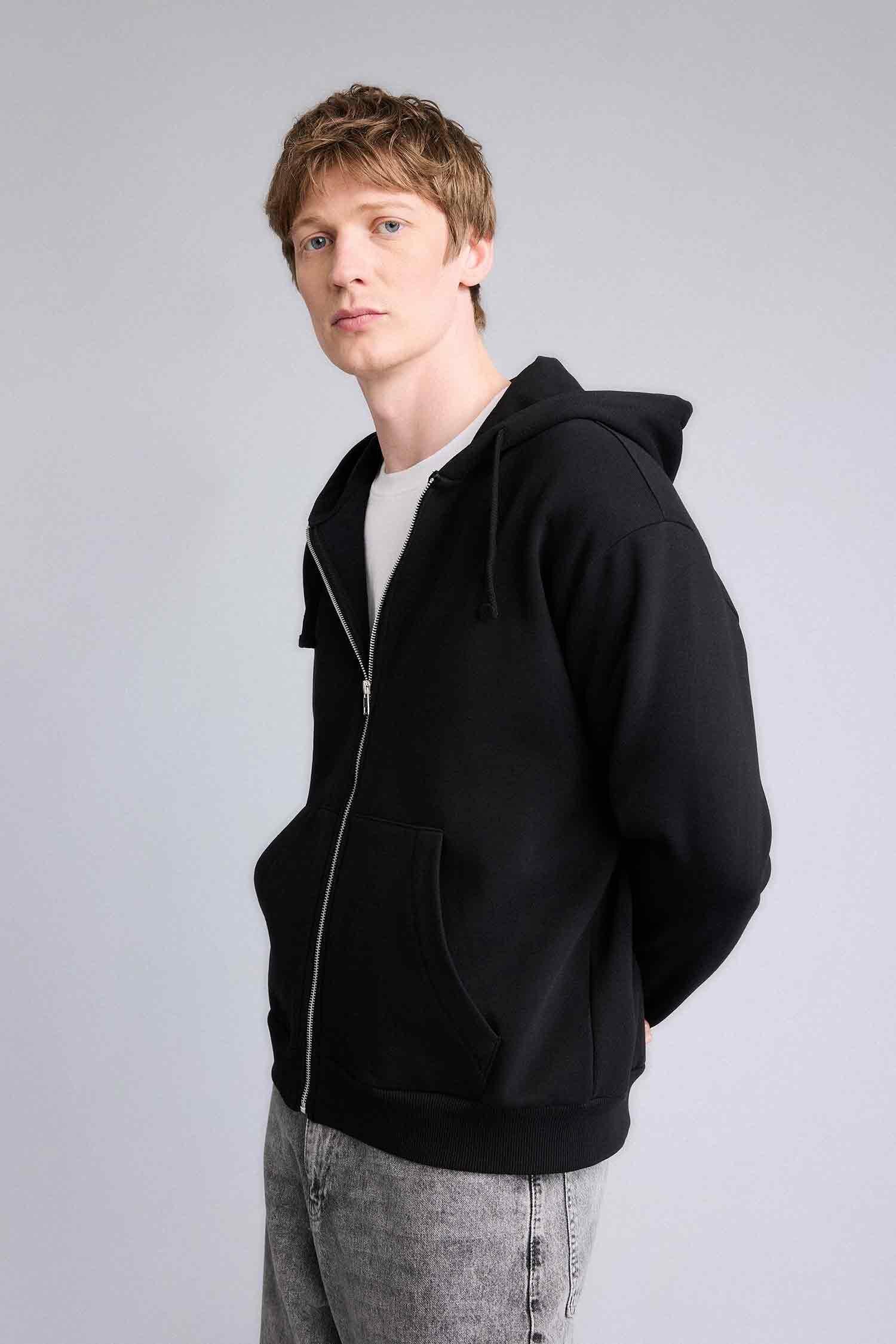 DeFacto Pamuklu Relax Fıt Kapüşonlu İçi Yumuşak Tüylü Kalın Kumaş Fermuarlı Sweatshirt görsel 3