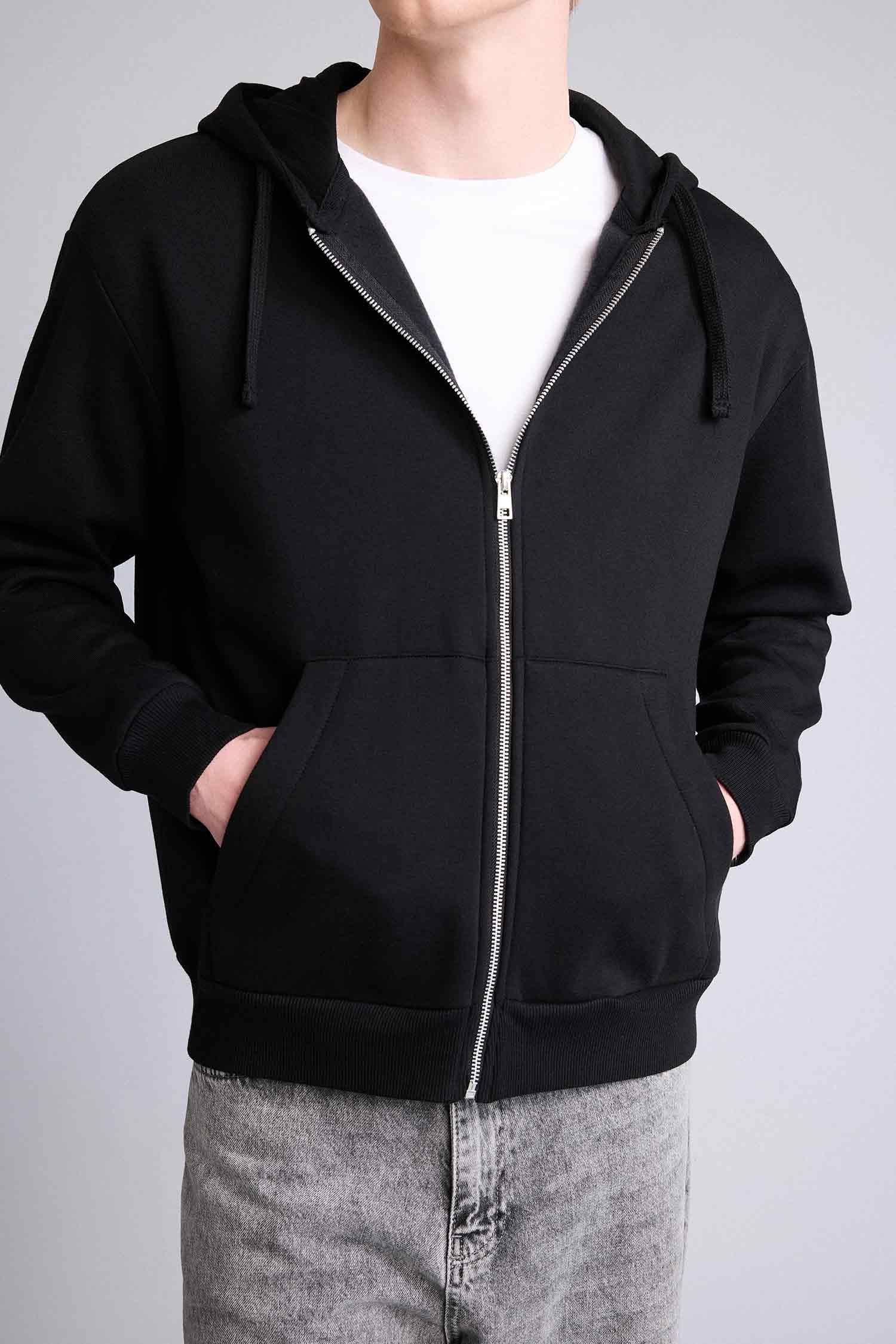 DeFacto Pamuklu Relax Fıt Kapüşonlu İçi Yumuşak Tüylü Kalın Kumaş Fermuarlı Sweatshirt görsel 4