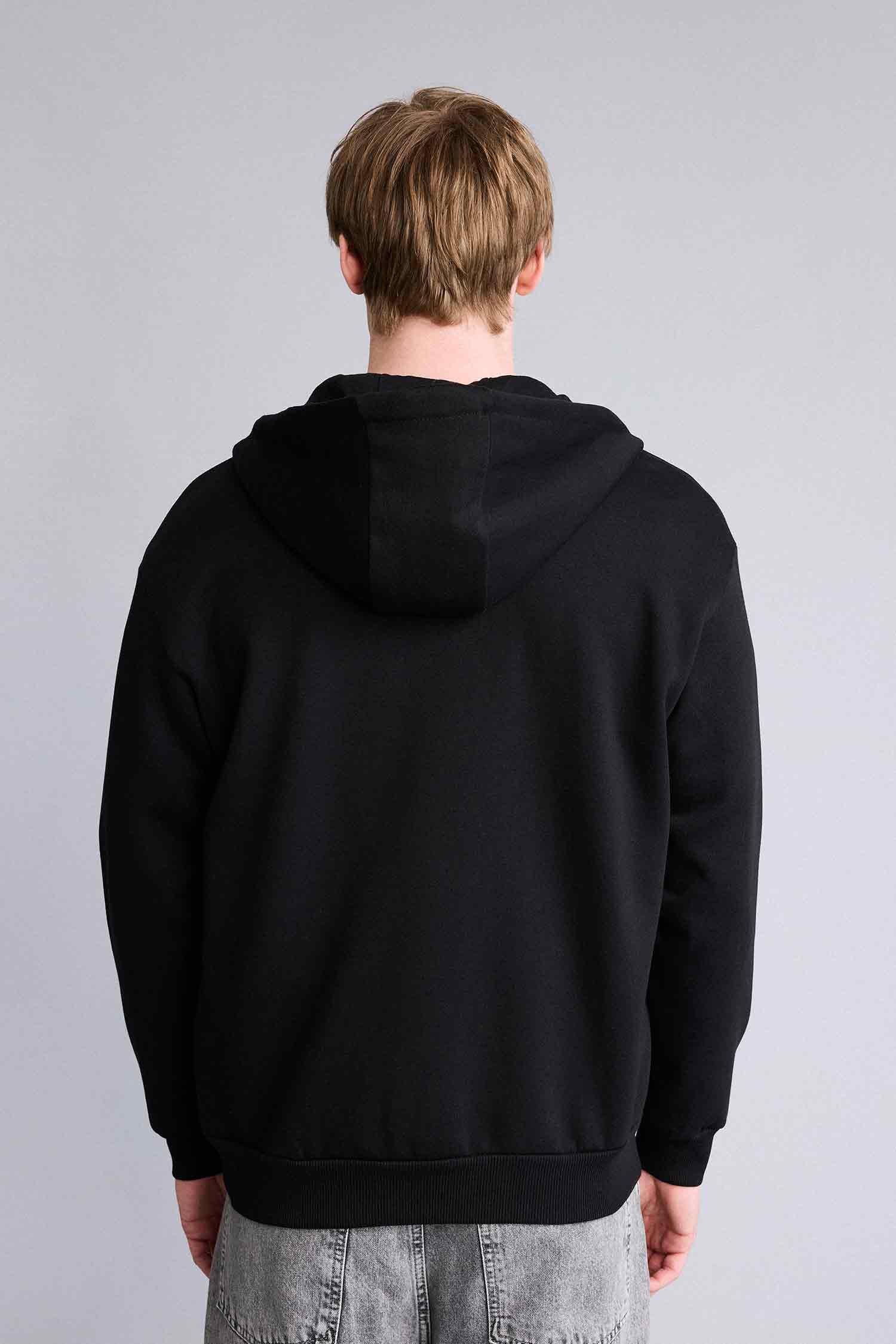 DeFacto Pamuklu Relax Fıt Kapüşonlu İçi Yumuşak Tüylü Kalın Kumaş Fermuarlı Sweatshirt görsel 5
