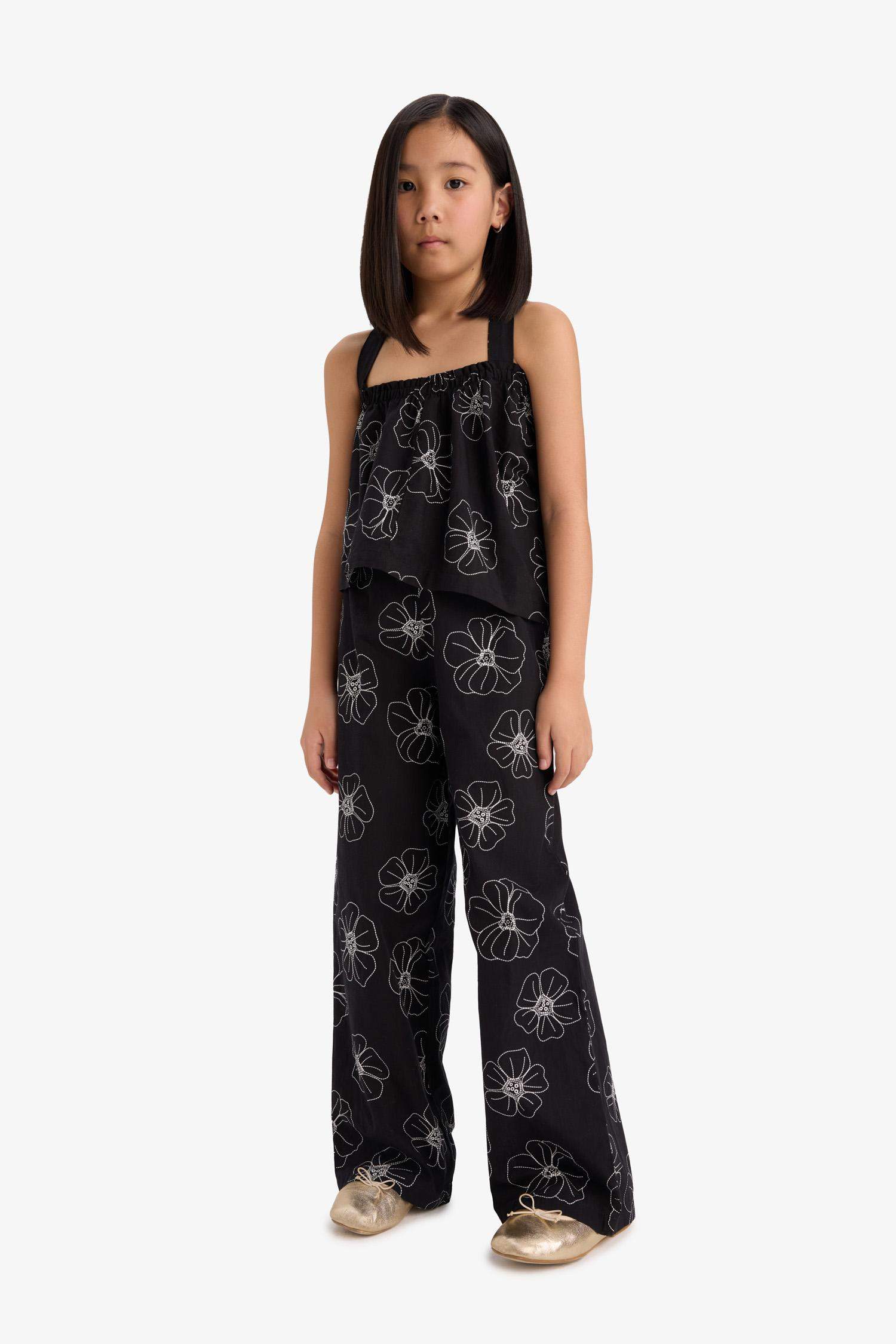 Kız Çocuk Desenli Wide Leg Geniş Paça Pamuklu Pantolon