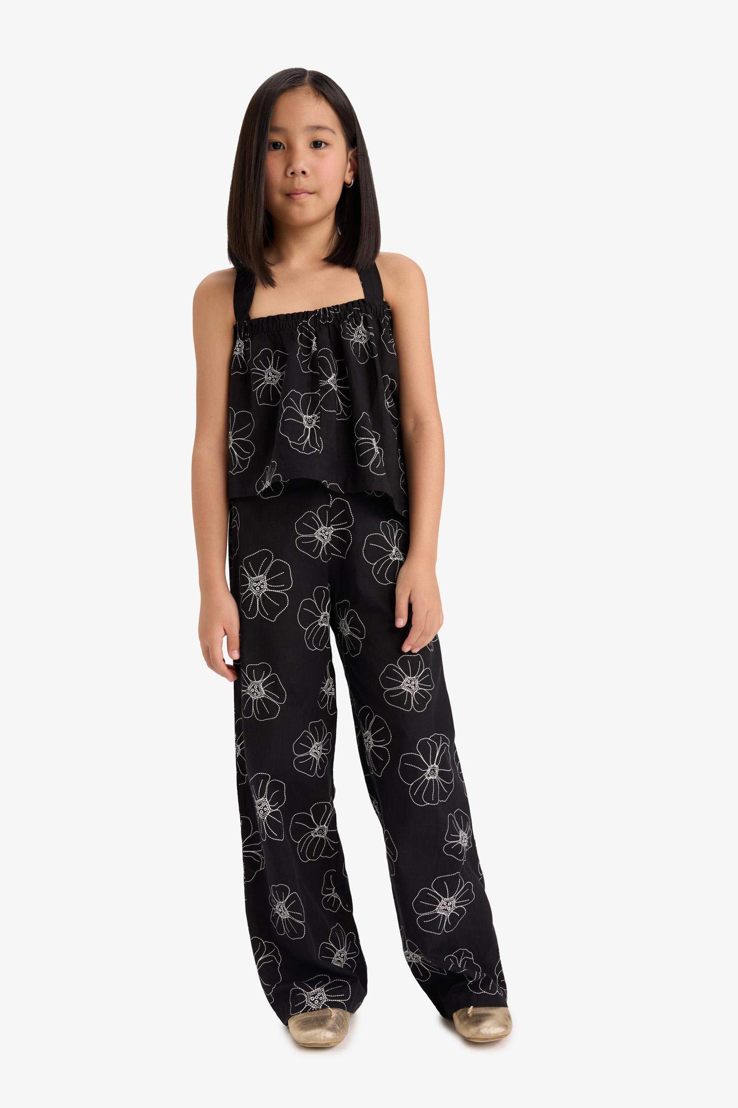 Kız Çocuk Desenli Wide Leg Geniş Paça Pamuklu Pantolon