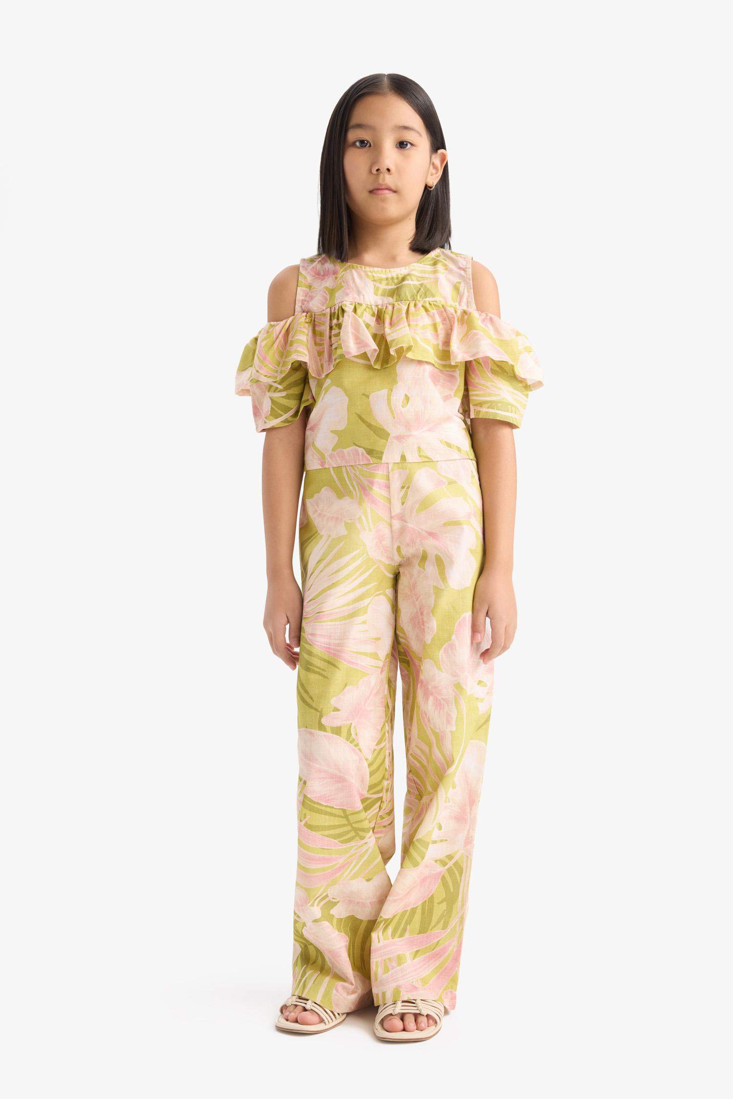 Kız Çocuk Desenli Wide Leg Geniş Paça Pamuklu Pantolon