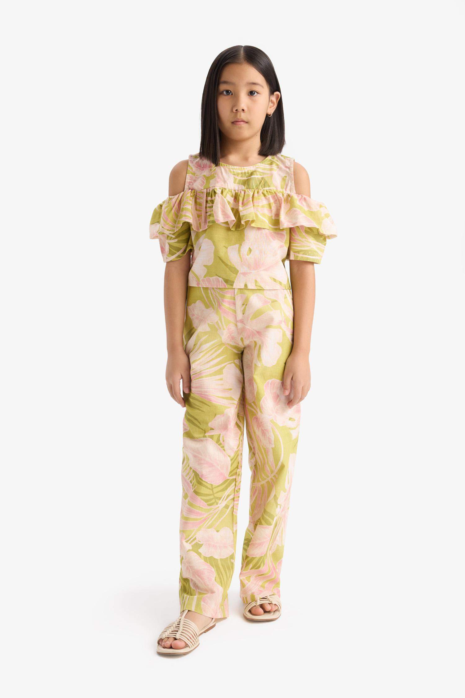 Kız Çocuk Desenli Wide Leg Geniş Paça Pamuklu Pantolon