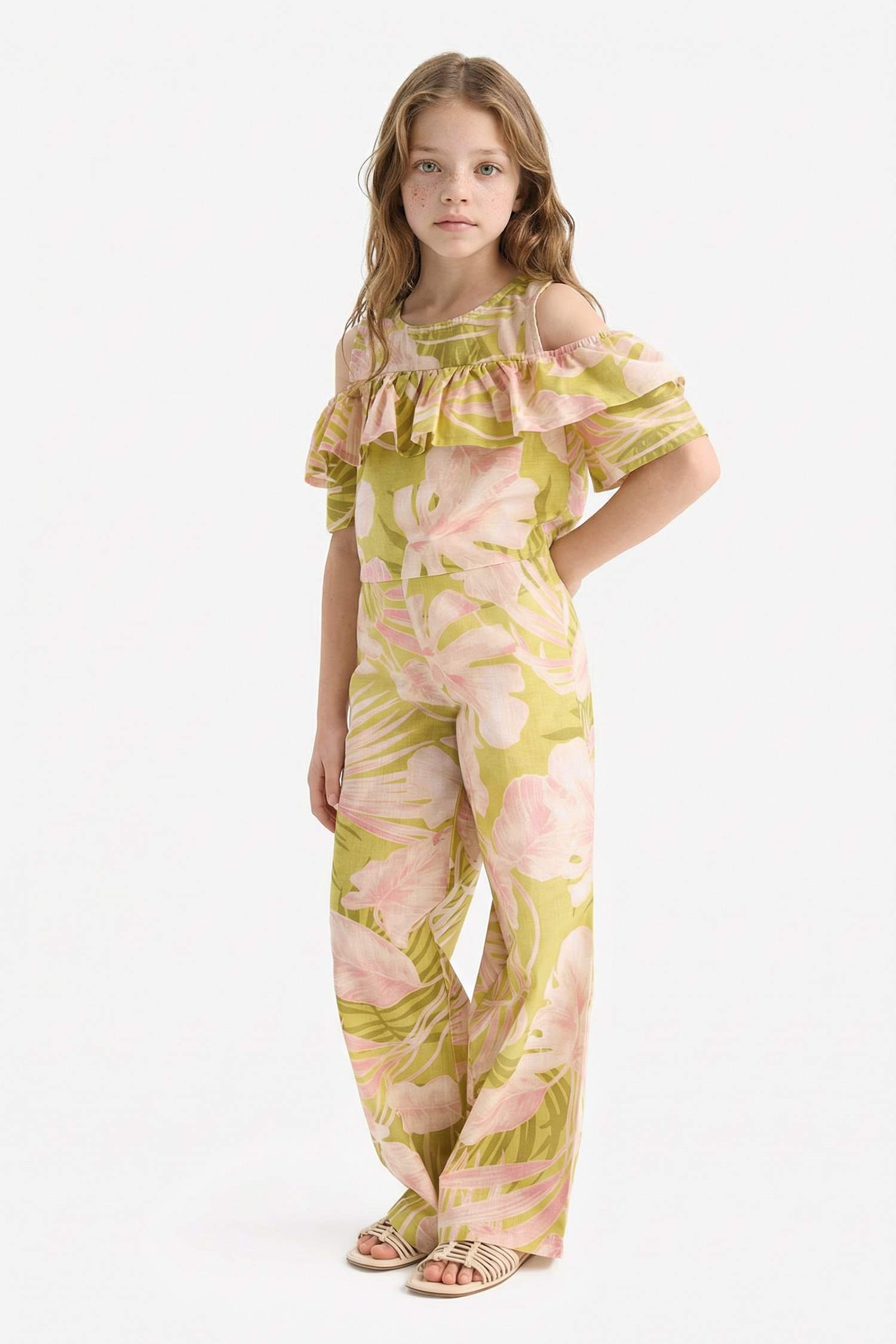 Desenli Wide Leg Geniş Paça Pamuklu Pantolon Kız Çocuk