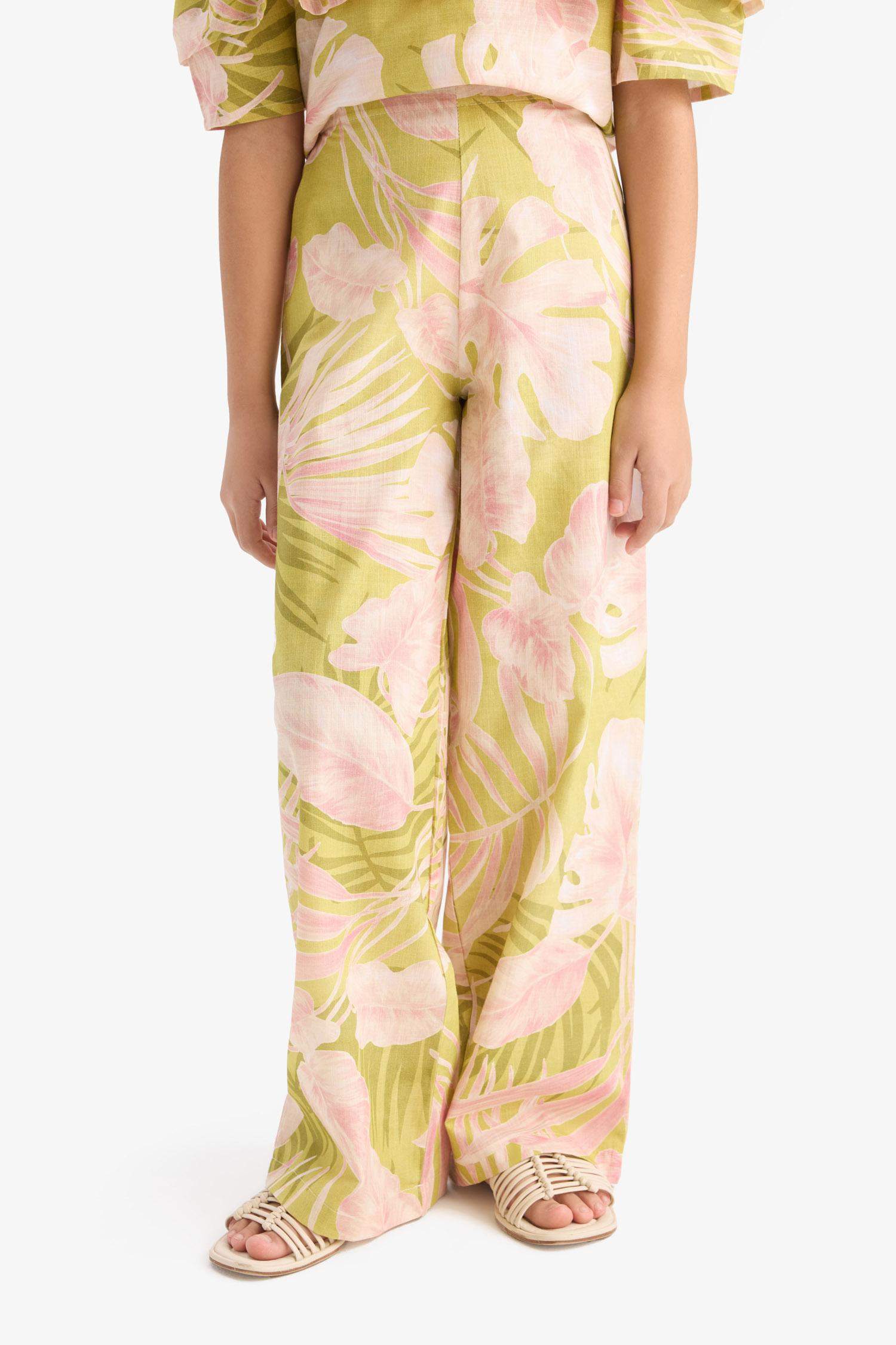 Kız Çocuk Desenli Wide Leg Geniş Paça Pamuklu Pantolon