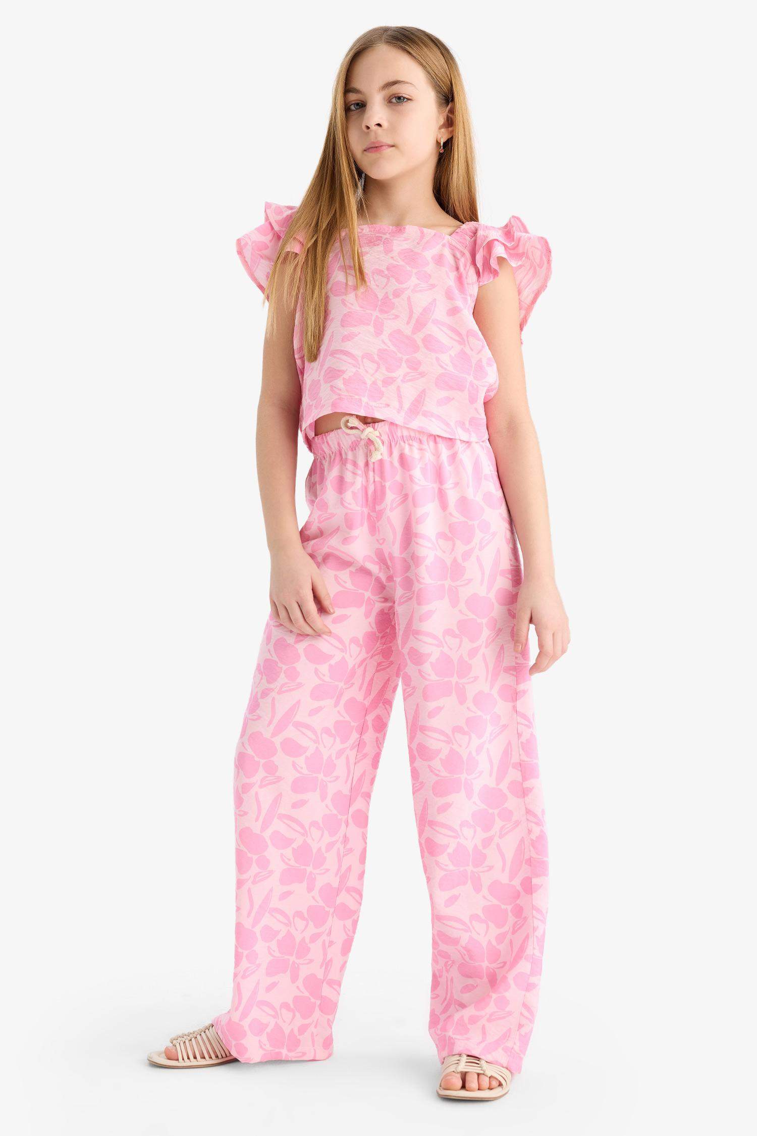 Kız Çocuk Palazzo Geniş Bol Paça Çiçek Desenli Pantolon