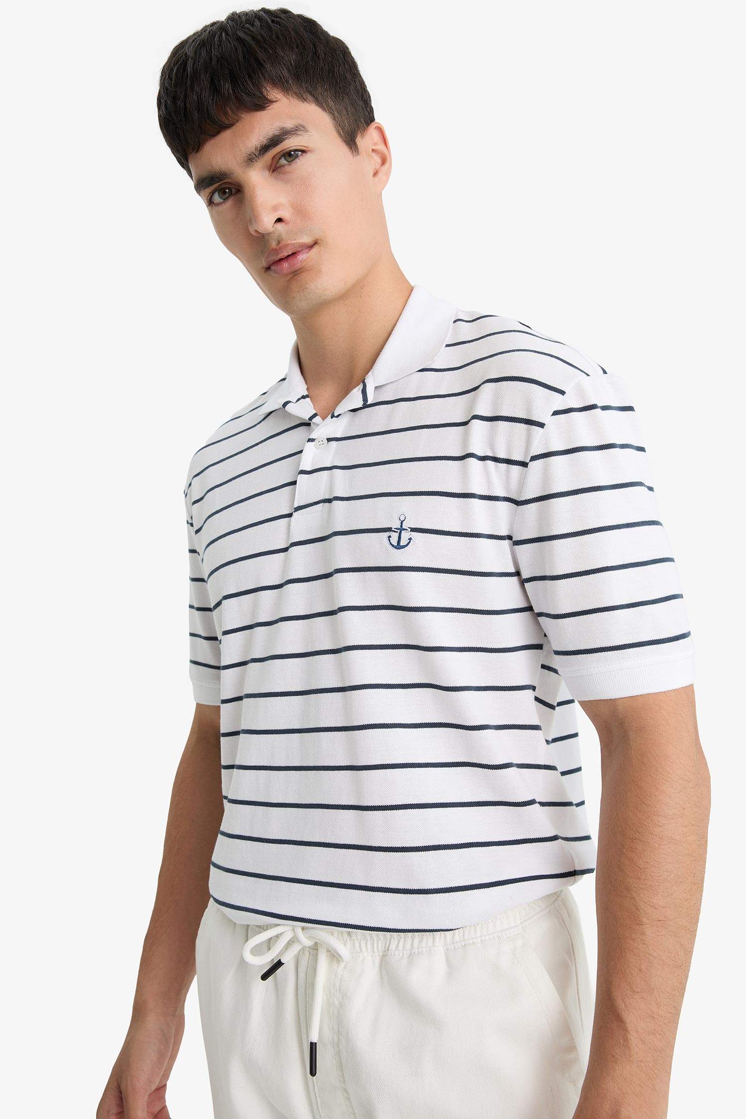 %100 Pamuk Regular Fit Polo Yaka Kısa Kollu Çizgili Tişört