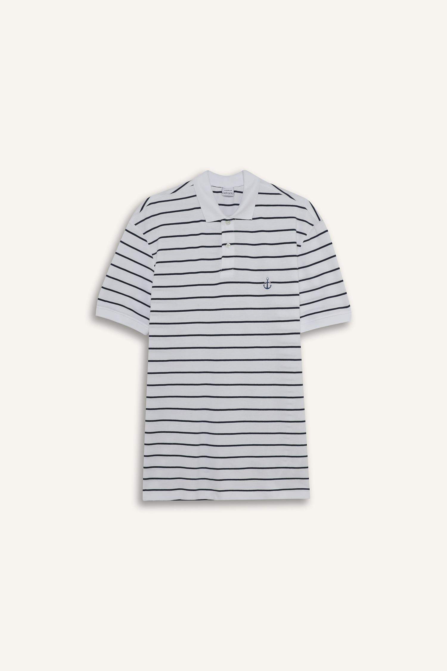 %100 Pamuk Regular Fit Polo Yaka Kısa Kollu Çizgili Tişört