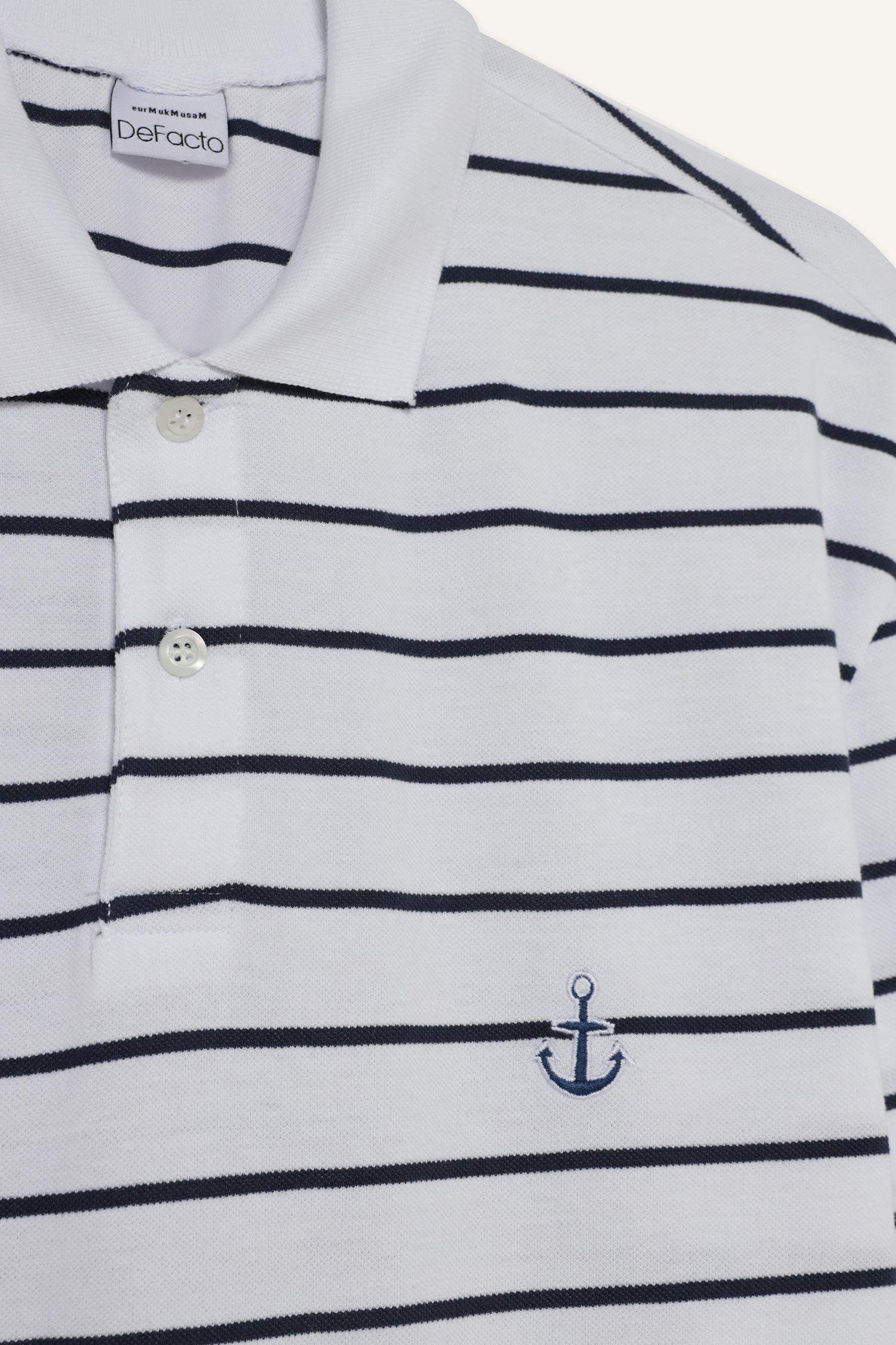 %100 Pamuk Regular Fit Polo Yaka Kısa Kollu Çizgili Tişört