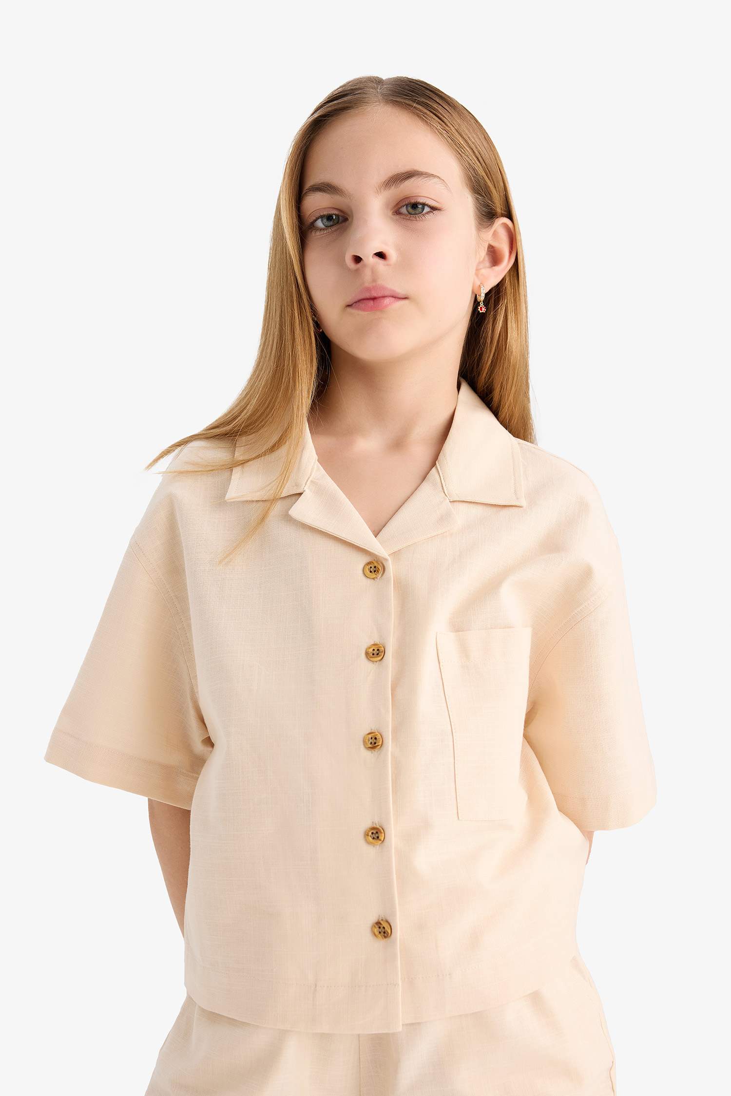 Kız Çocuk Cropped Fit Keten Kısa Kollu Gömlek