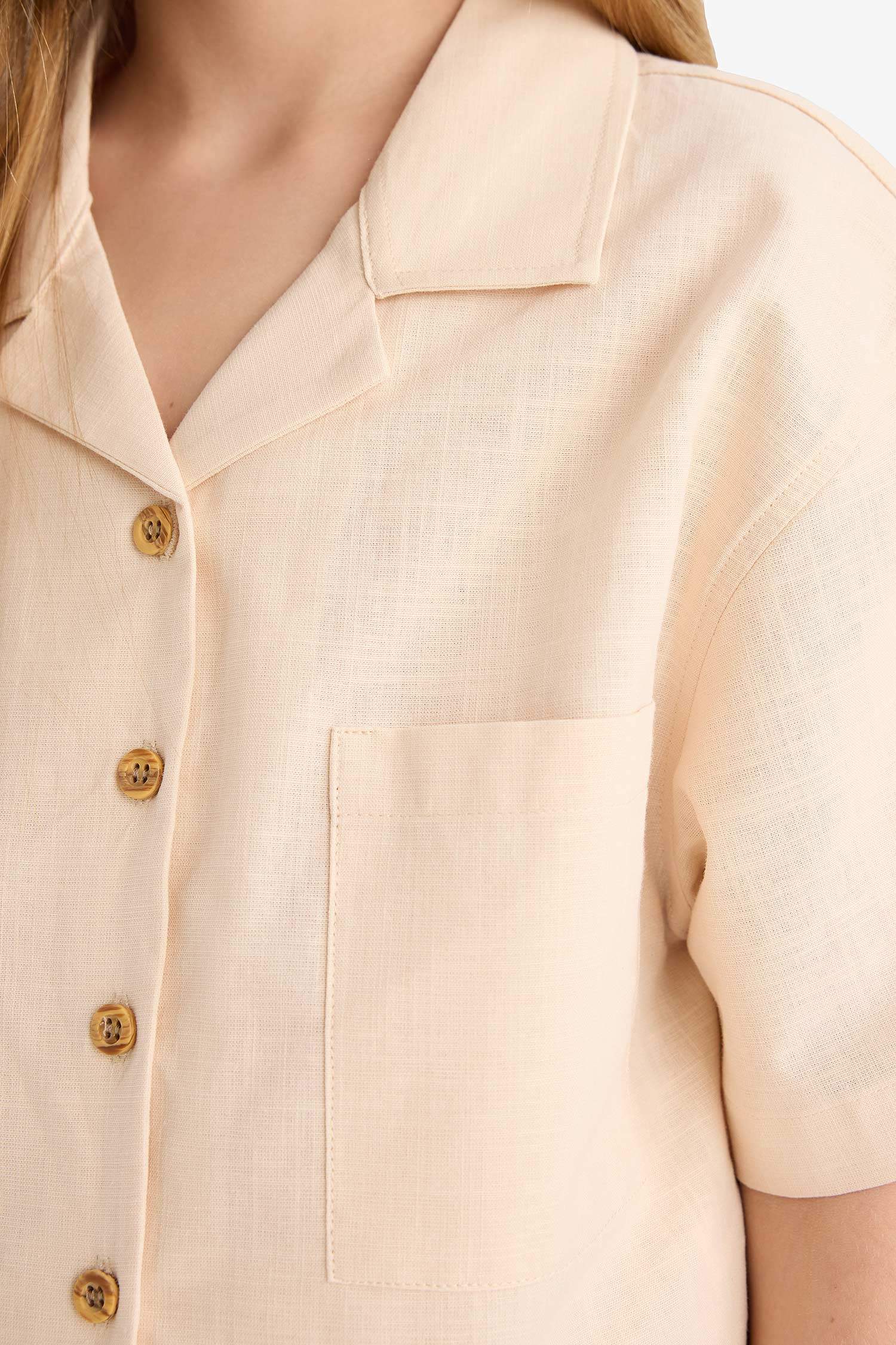 Kız Çocuk Cropped Fit Keten Kısa Kollu Gömlek