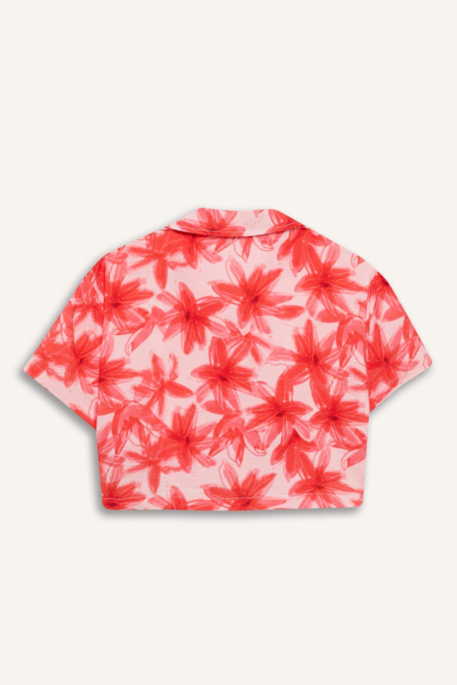 Kız Çocuk Desenli Crop Kısa Kollu Gömlek