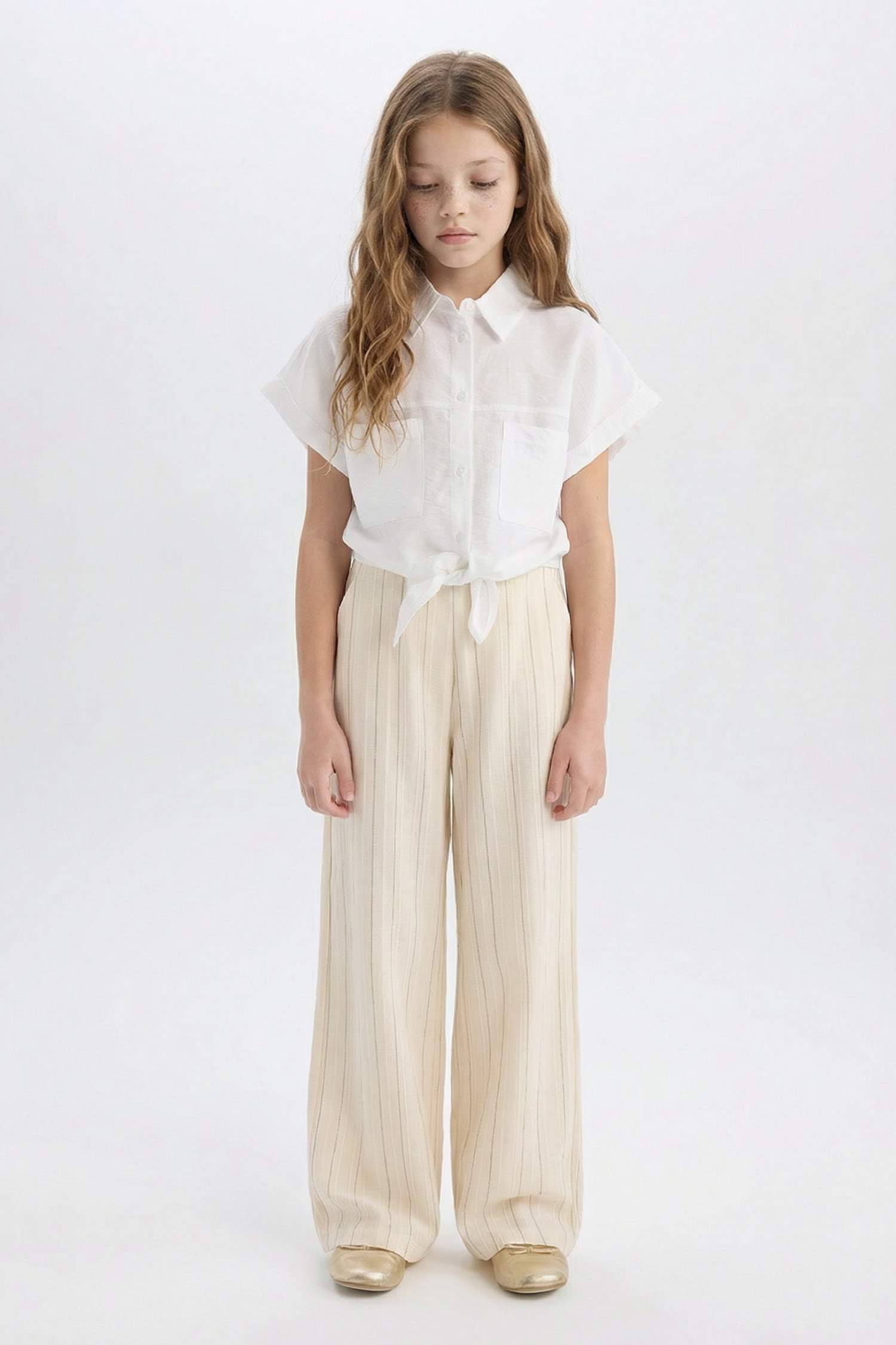 قميص بنات نص كم قصير مع ربطة