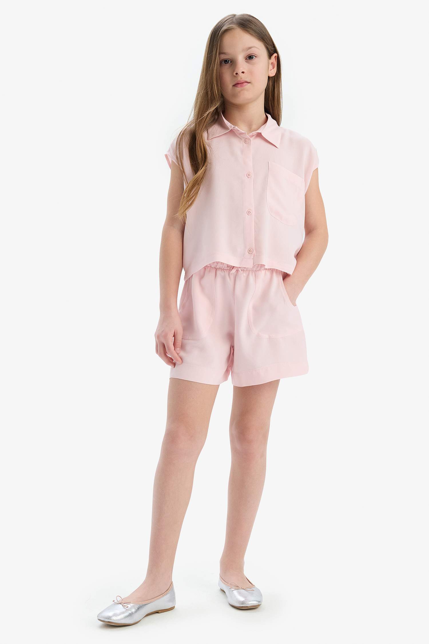 Kız Çocuk Cropped Fit Pamuklu Kısa Kollu Gömlek