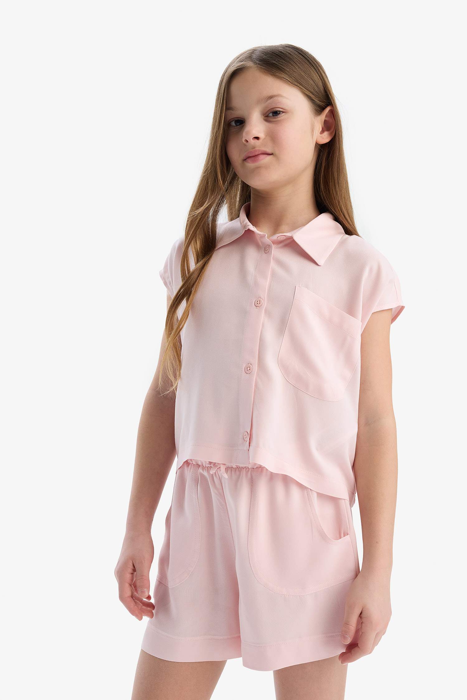 Kız Çocuk Cropped Fit Pamuklu Kısa Kollu Gömlek