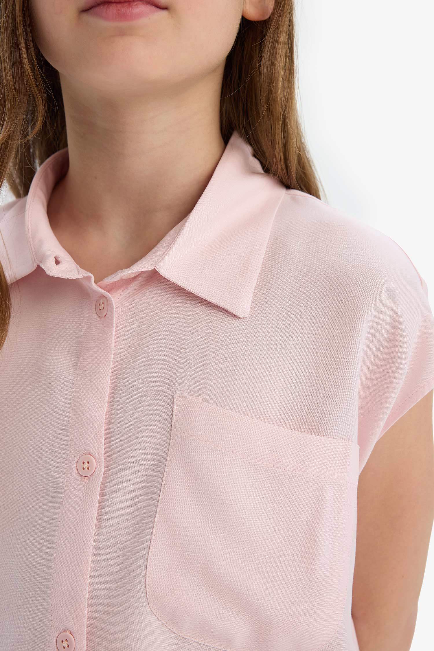 Kız Çocuk Cropped Fit Pamuklu Kısa Kollu Gömlek
