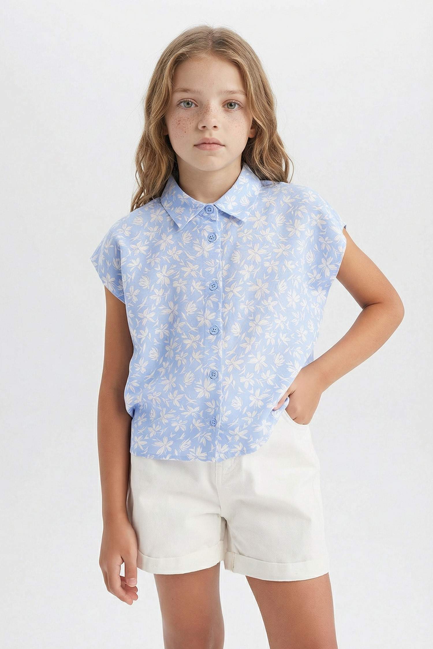 Girl Cotton Floral Short Sleeve Crop Shirt