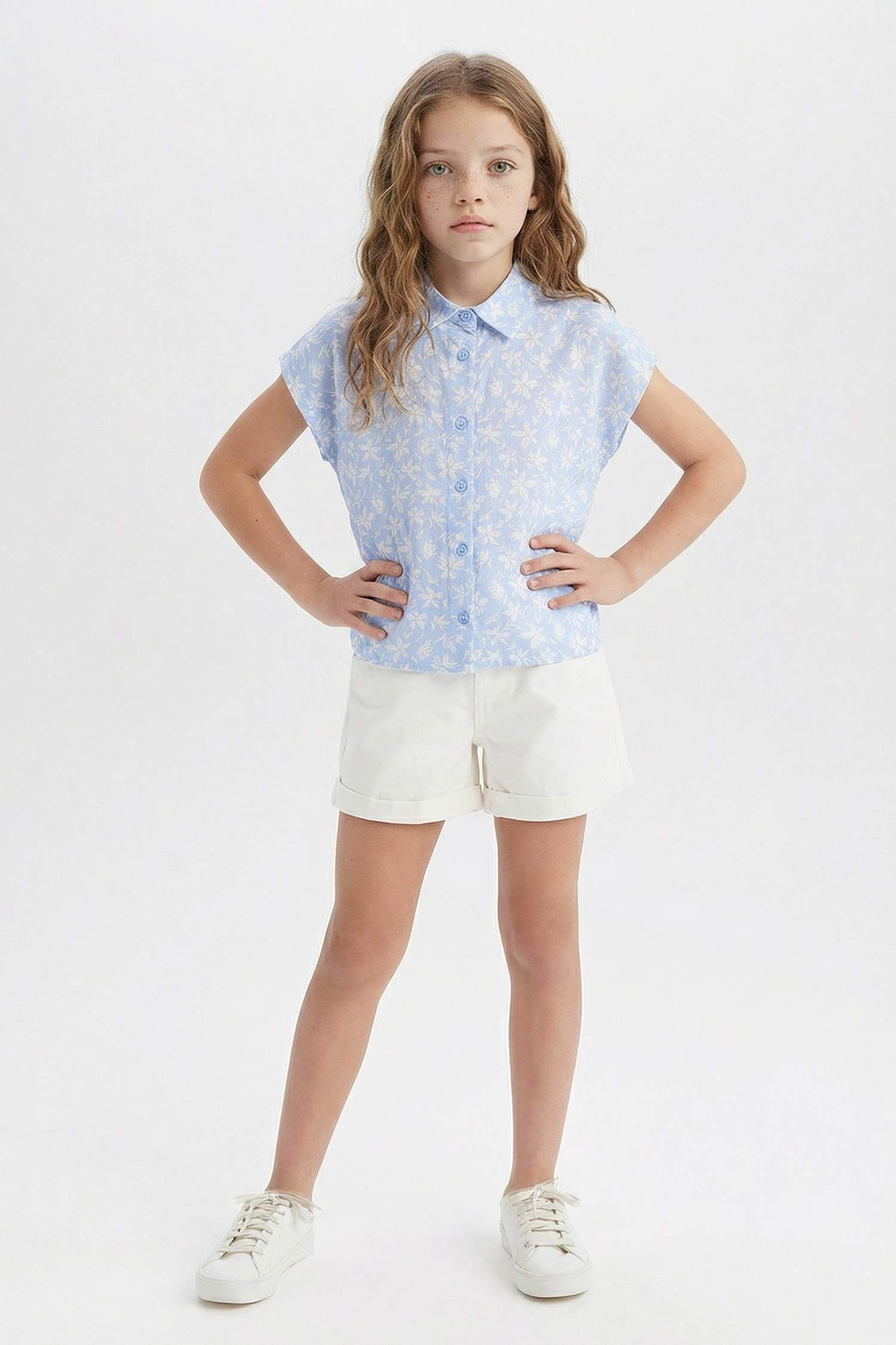 Girl Cotton Floral Short Sleeve Crop Shirt