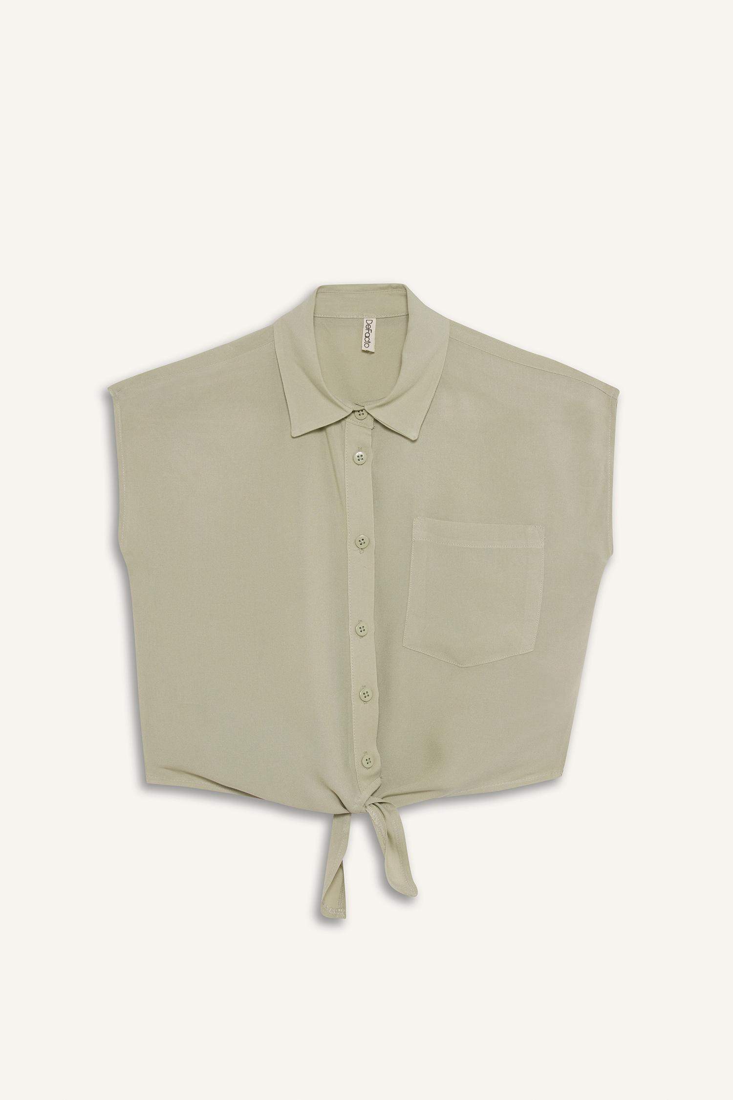 Kız Çocuk Crop Önden Bağlamalı Pamuklu Kısa Kollu Gömlek