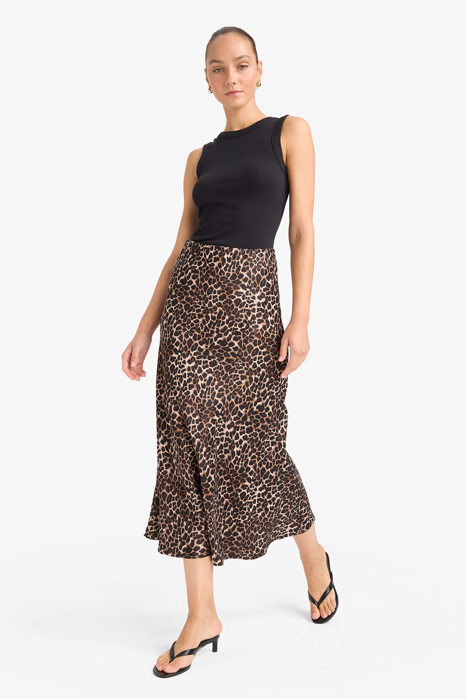 A Kesim Normal Bel Leopar Desenli Saten Midi Etek