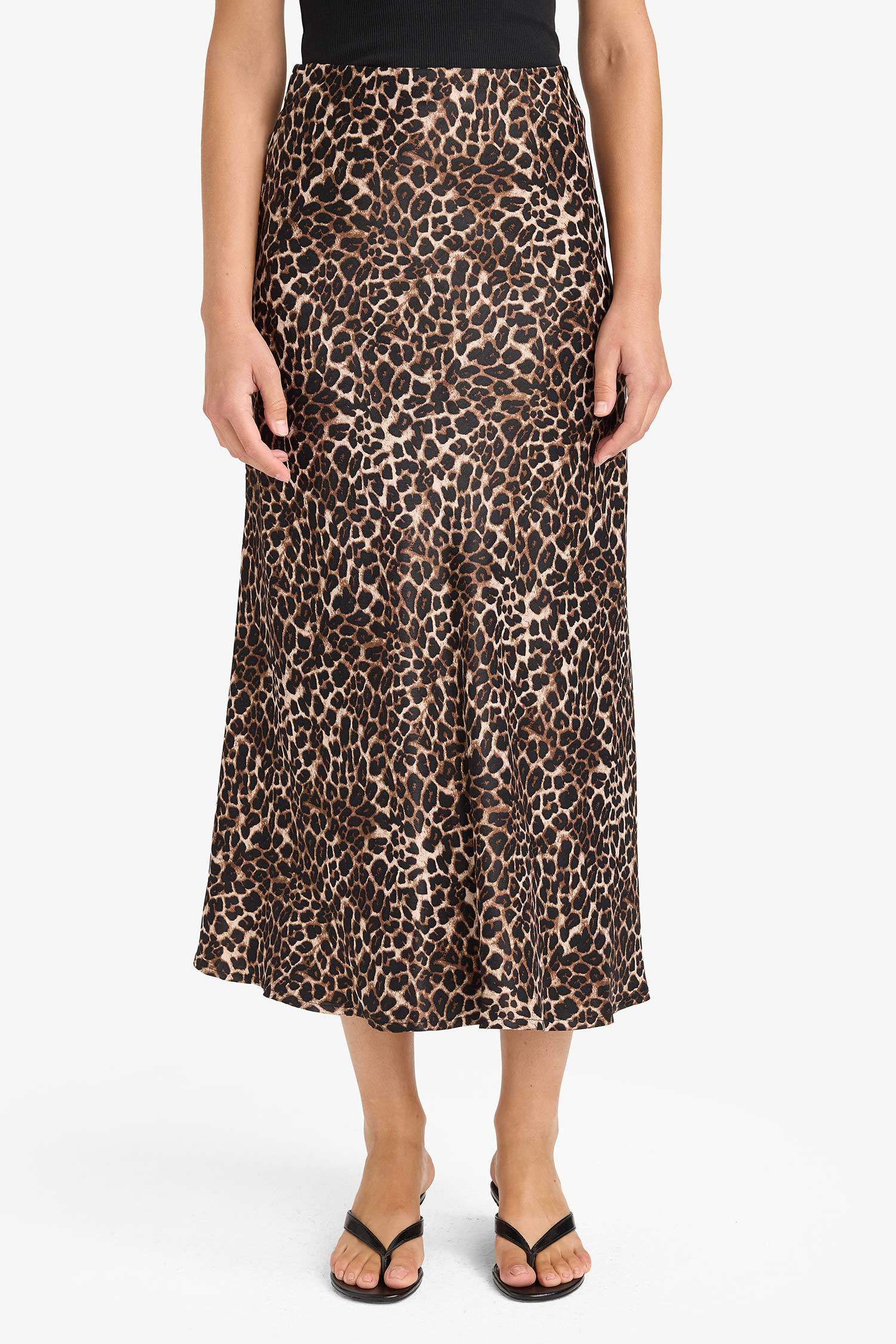 A Kesim Normal Bel Leopar Desenli Saten Midi Etek