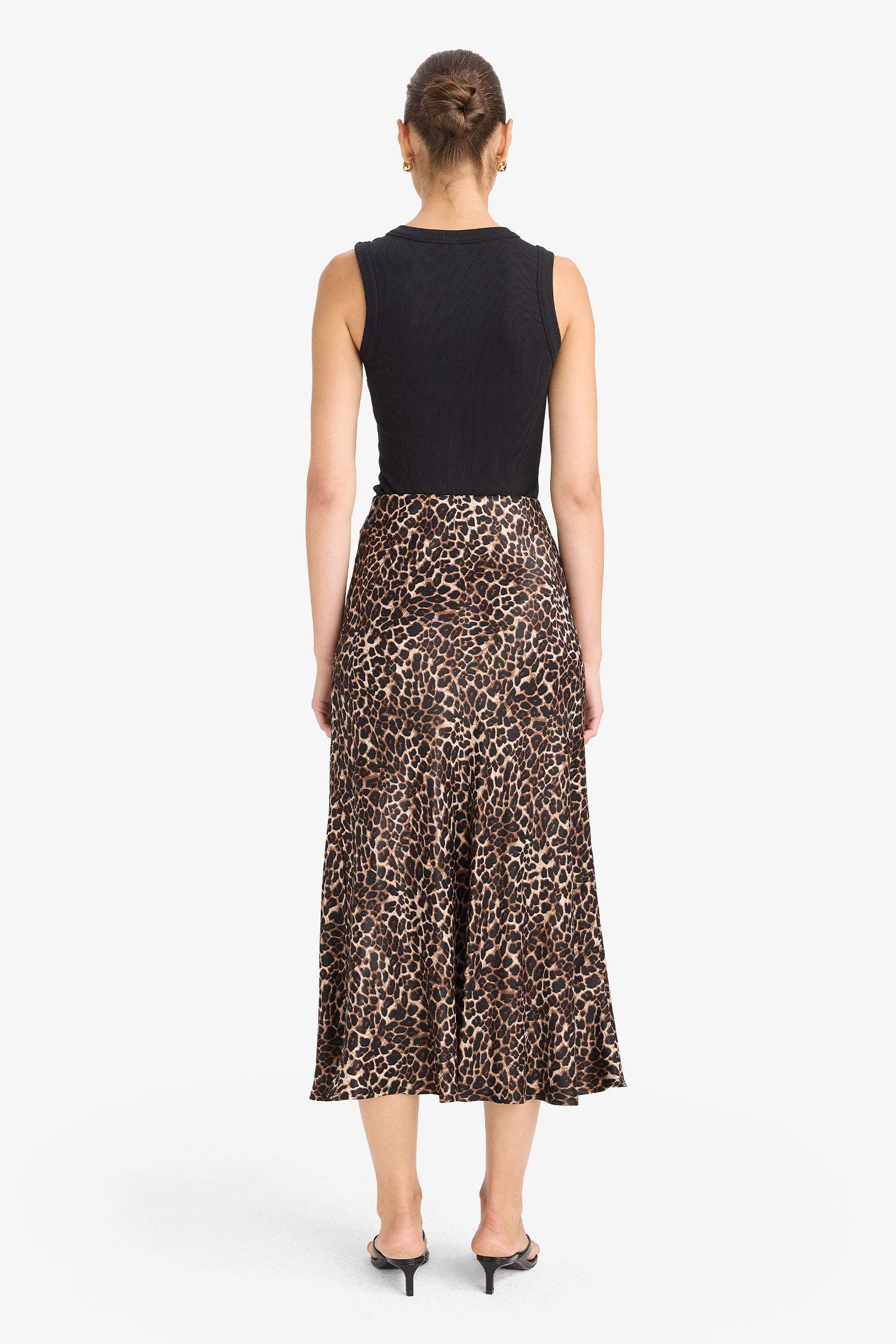 A Kesim Normal Bel Leopar Desenli Saten Midi Etek