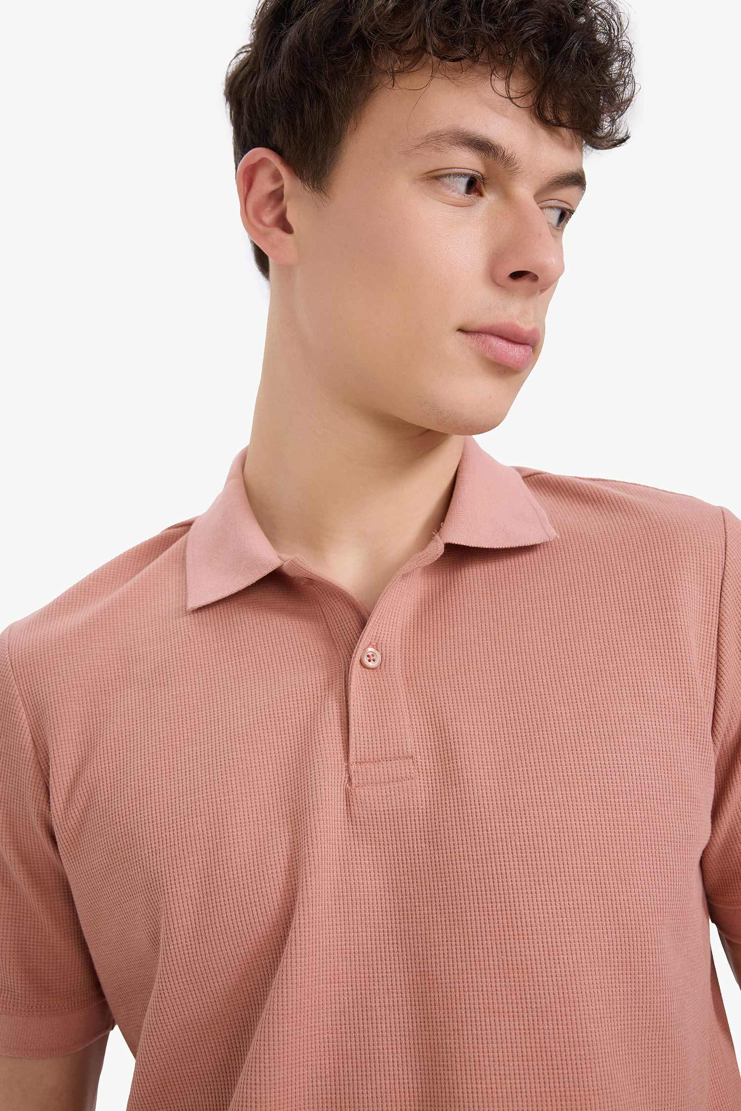 Regular Fit Polo Yaka Kısa Kollu Dokulu Waffle Tişört