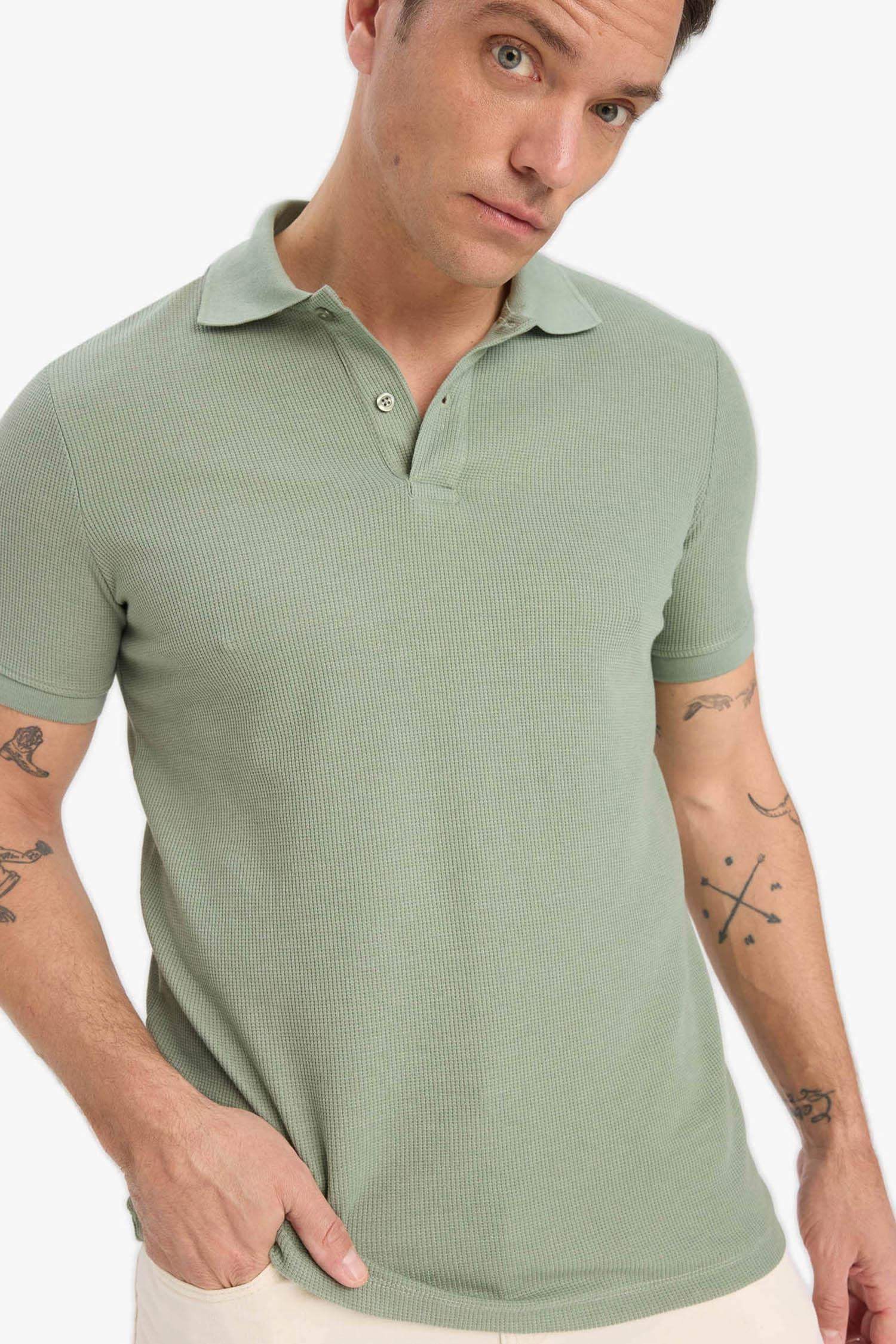 Regular Fit Polo Yaka Kısa Kollu Dokulu Waffle Tişört