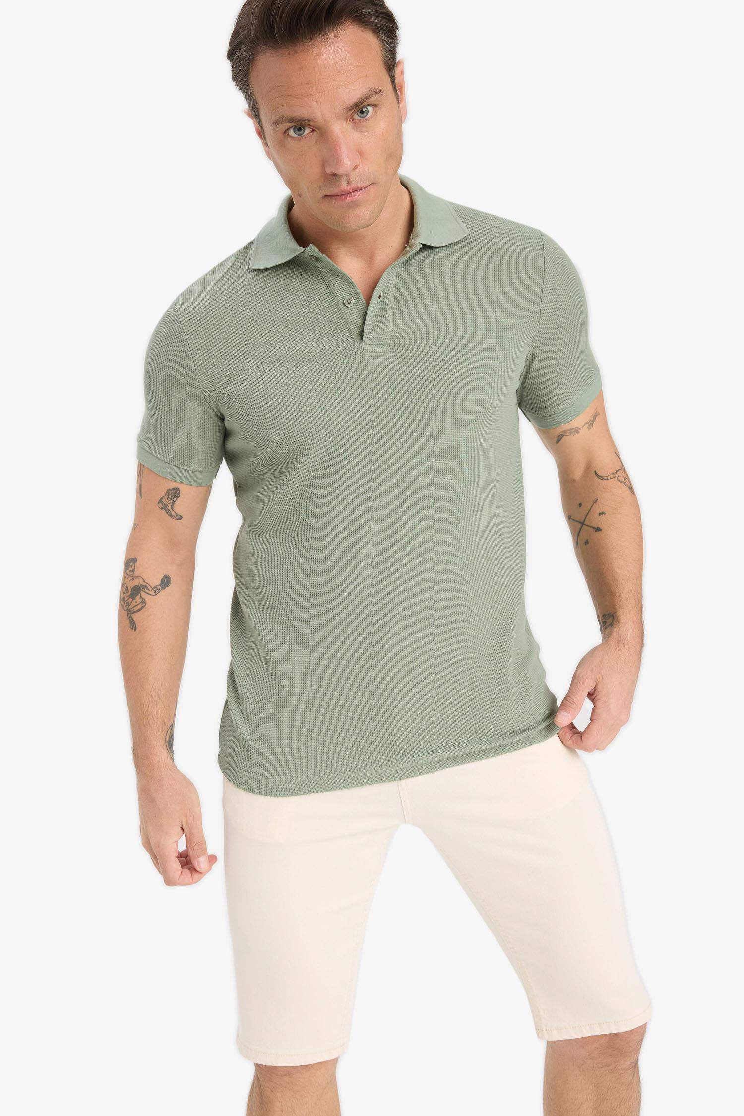 Regular Fit Polo Yaka Kısa Kollu Dokulu Waffle Tişört