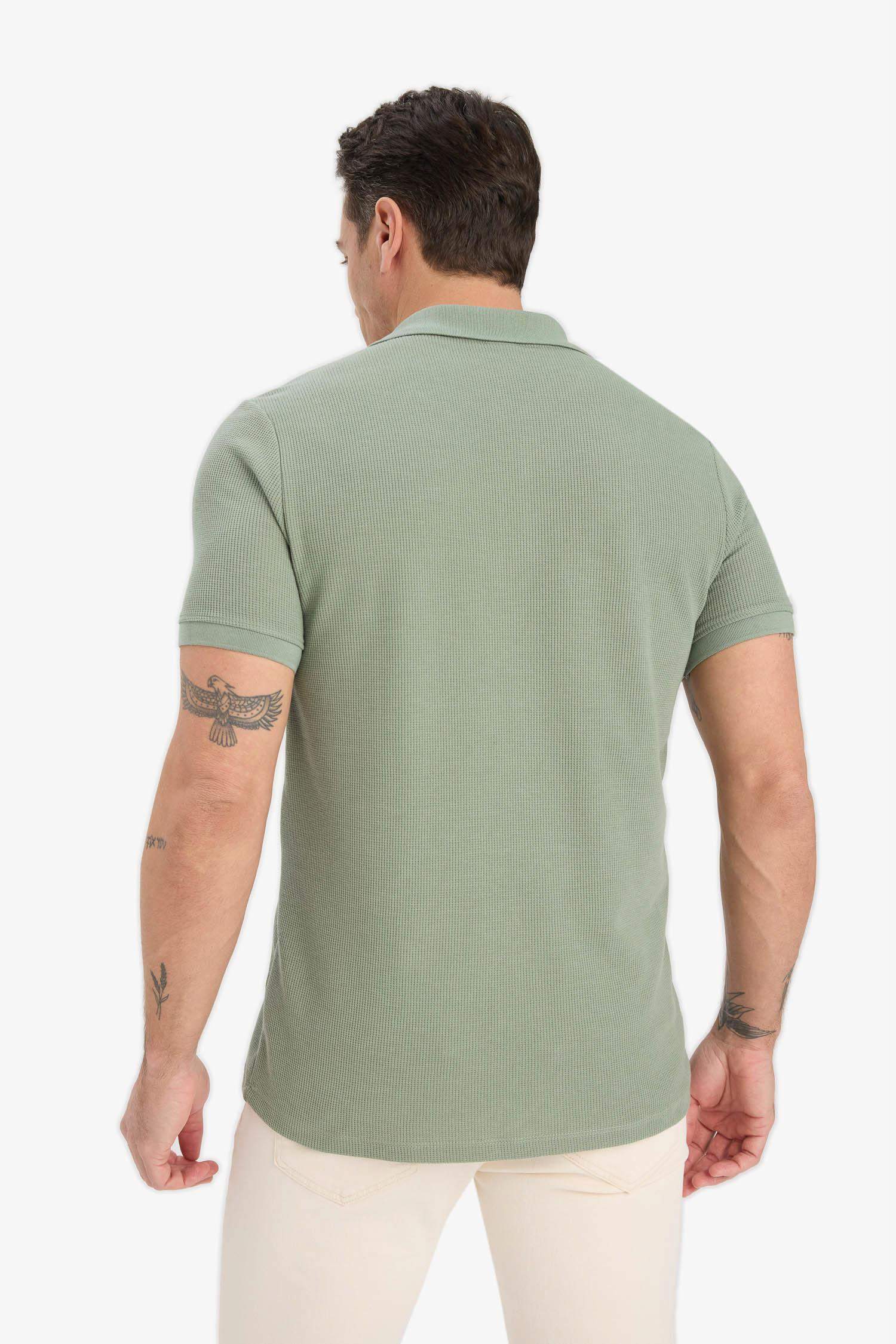 Regular Fit Polo Yaka Kısa Kollu Dokulu Waffle Tişört