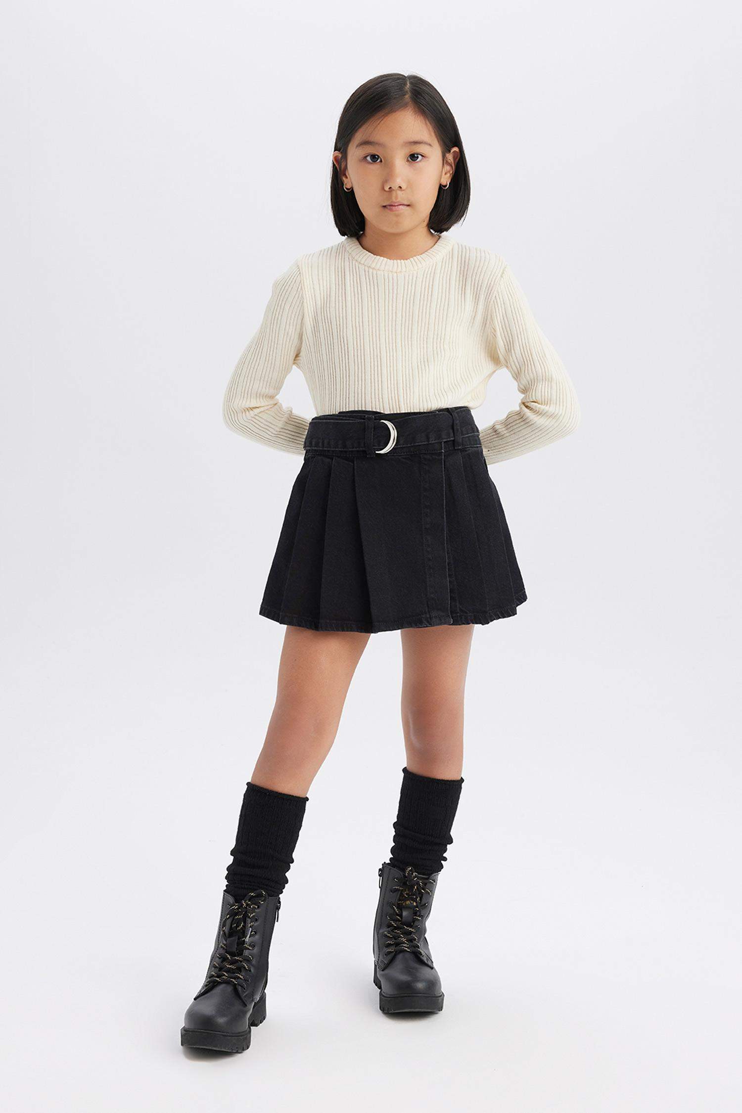 Kız Çocuk Kemerli Jean Şort Etek